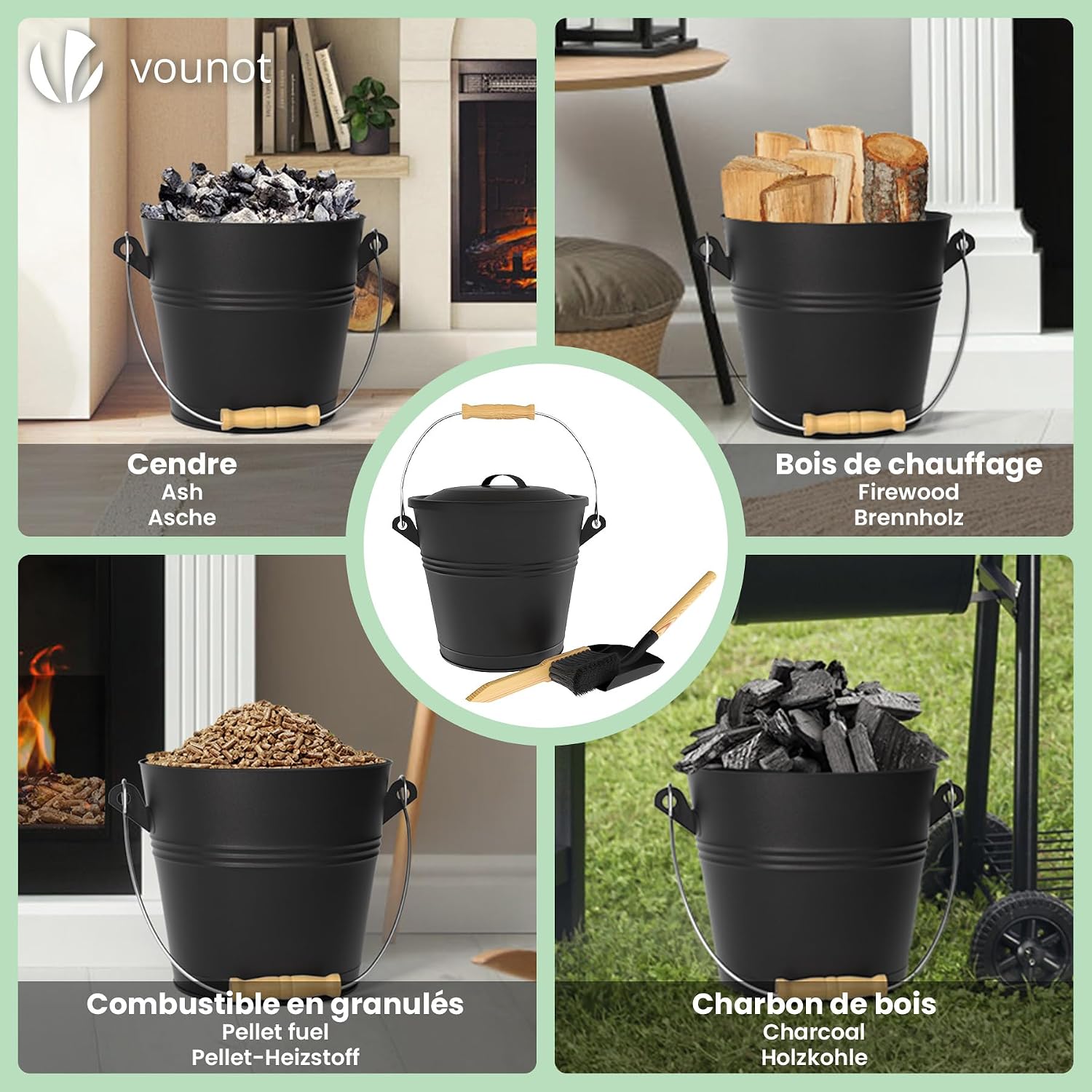 Detalle 2 de VOUNOT 15373546324317 5L Ash Bucket with Lid, Shovel and Brush