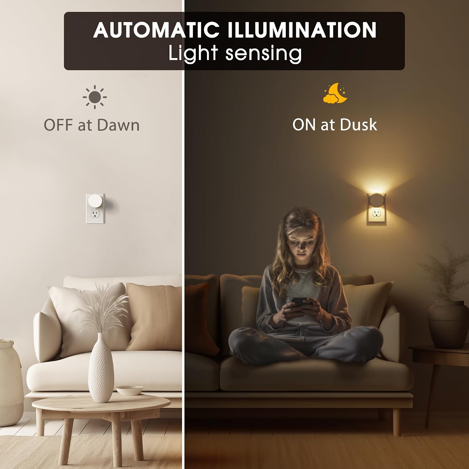 Detalle de Briignite BX112 Plug-In Night Lights, 2-Pack, 3000K Dimmable LED with Sensor