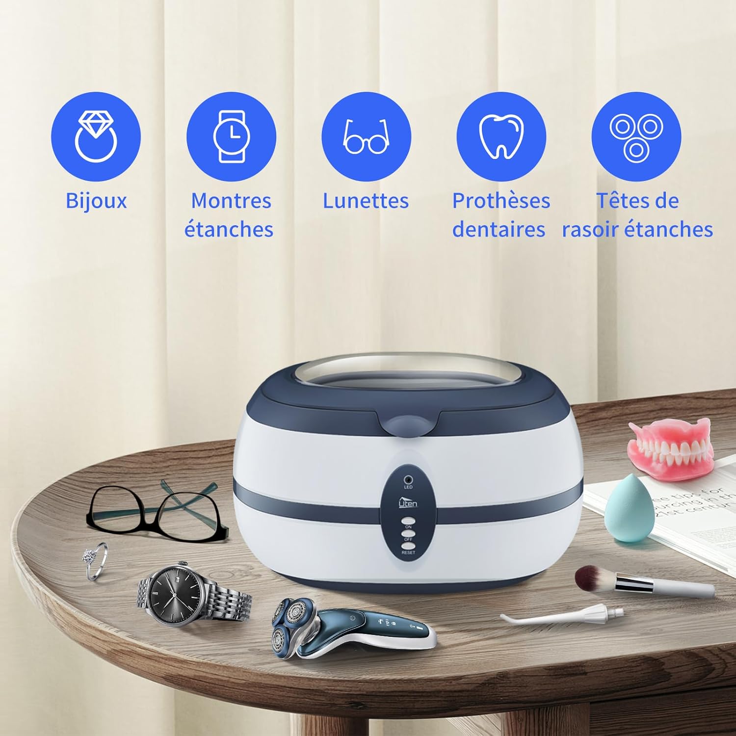 Detalle de Uten Nettoyeur à ultrasons 600 ml avec panier et support automatique (40 000 Hz) pour bijoux, lunettes, dentier