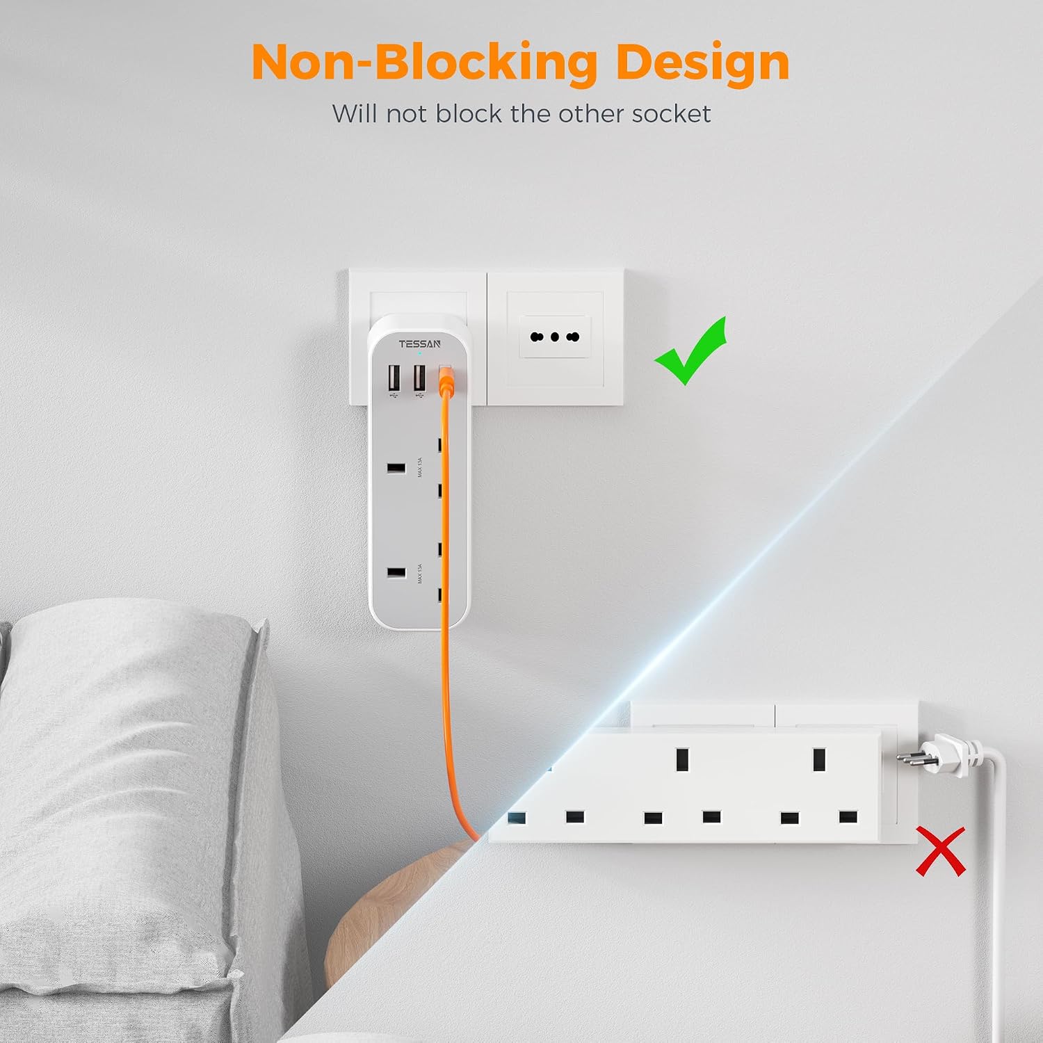 Detalle de TESSAN UK to Italy Plug Adapter with 3 USB Ports (1 USB-C) for Type L sockets