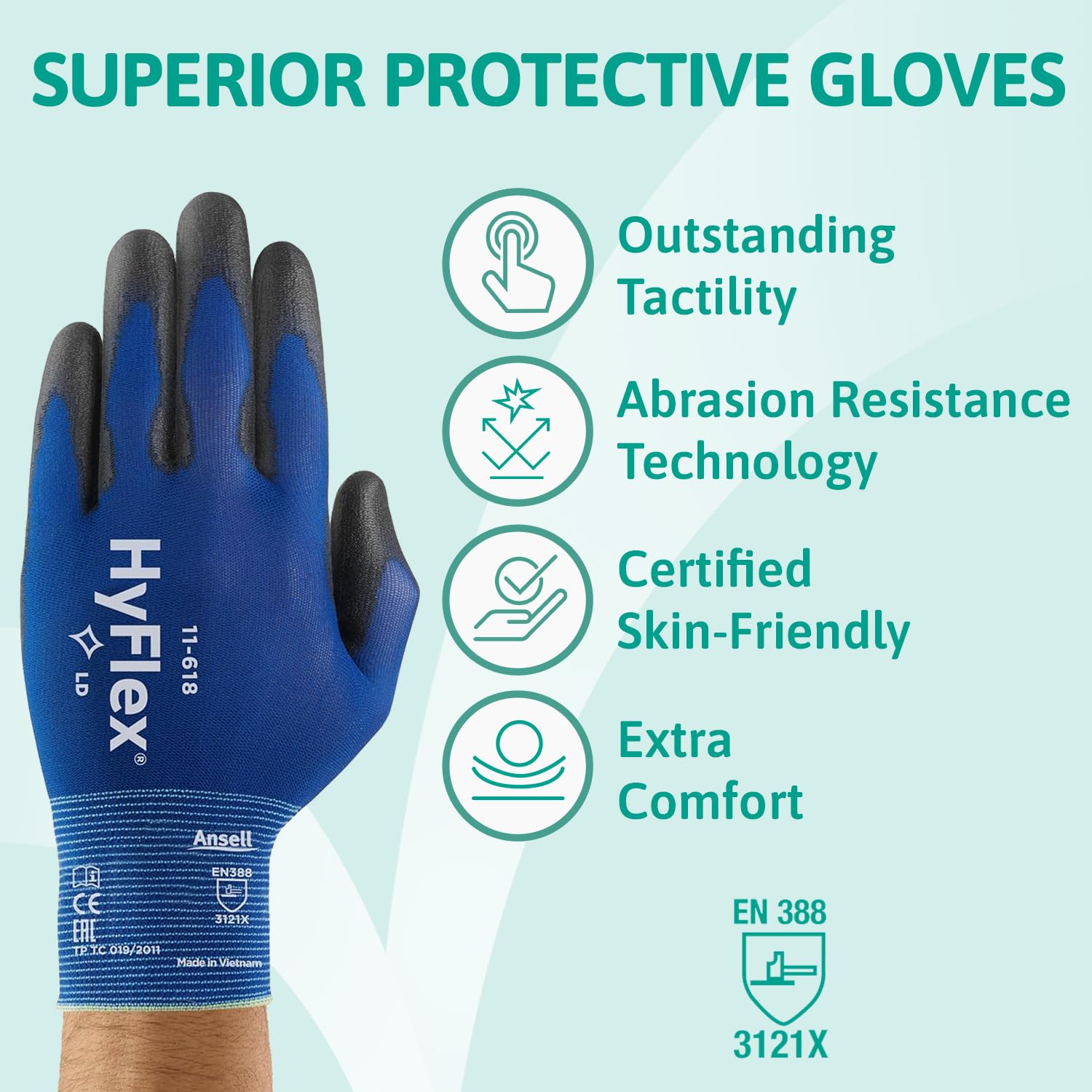 Detalle de Ansell HyFlex 11-618 Mechanics Gloves (L, 12 Pairs) – Abrasion-Resistant PU Coated, Touchscreen Compatible
