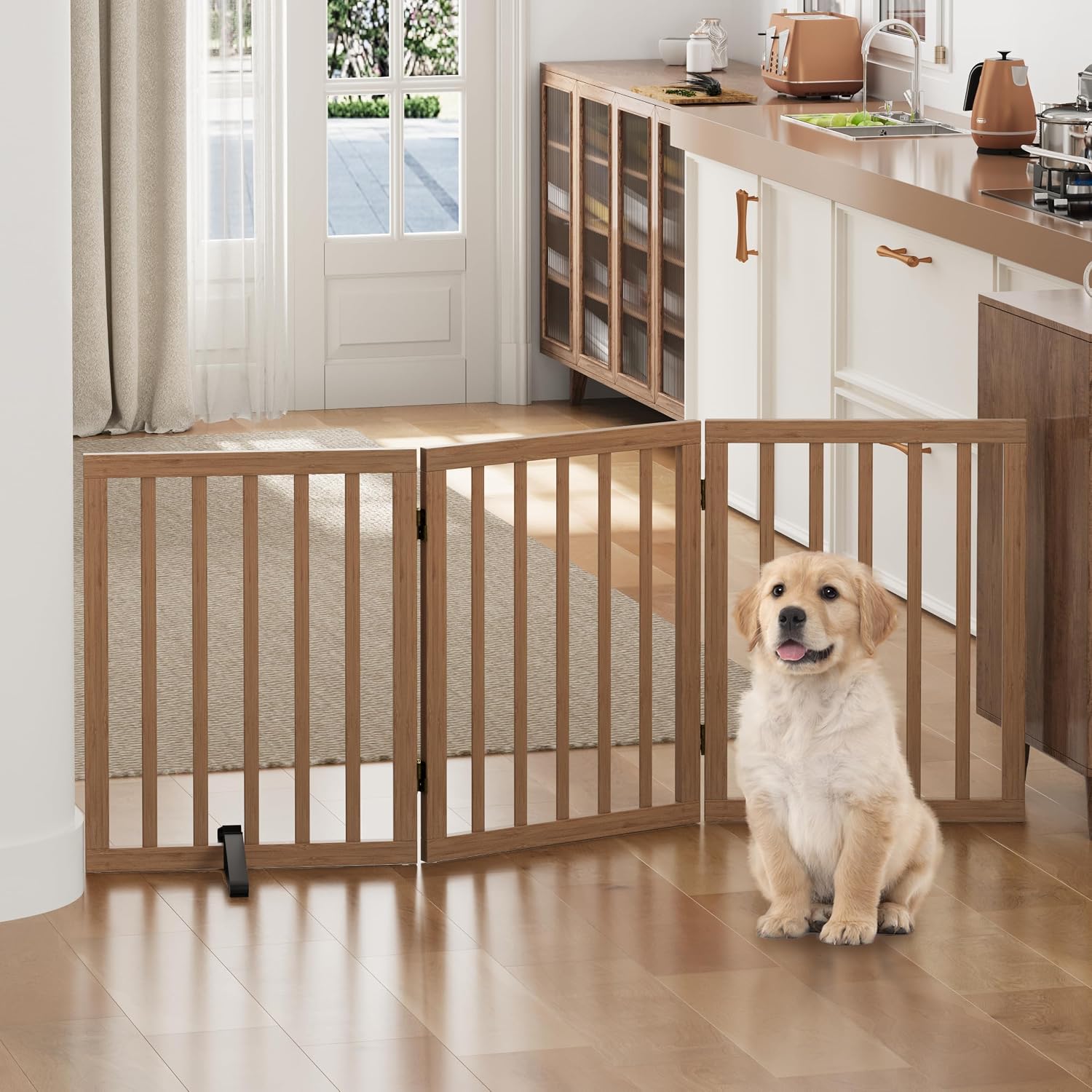Thumbnail 6 de Tall Dog Gate for Doorways — 3-Panel Foldable Freestanding Indoor Gate (Dark Walnut)