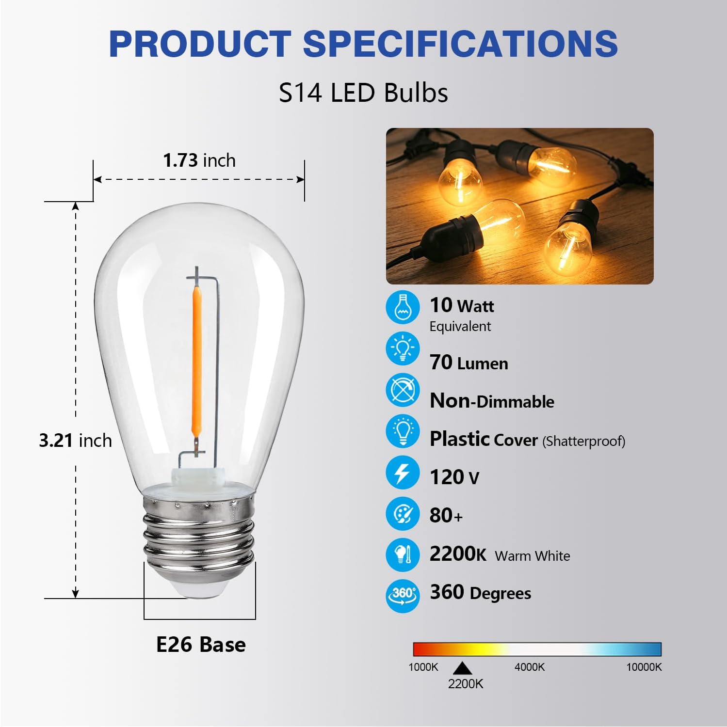Detalle 2 de Austin Coast S14 LED Bulbs, 1W Warm White 2200K, E26, 15-Pack