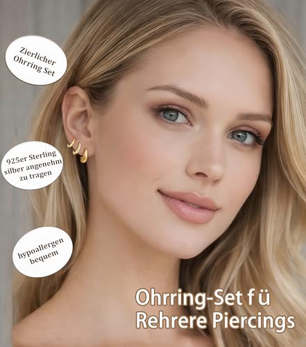 Detalle de SMILYA 3 Paar Gold Ohrringe – Set mit 3 unterschiedlichen Stilen, 925er Silber, Zirkonia