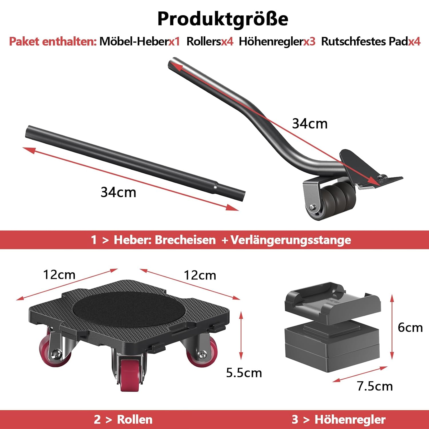 Detalle de ONEON Möbel-Transportrollen-Set mit 360° drehbaren Rädern und ausziehbarem Möbelheber (bis 300 kg)