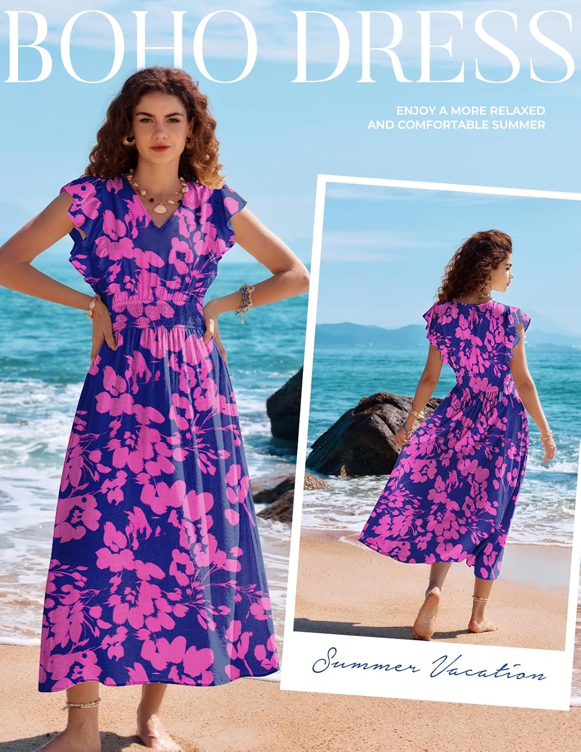 Detalle 2 de Kate Kasin Robe bohème à fleurs pour femme – Robe d'été décontractée avec poches