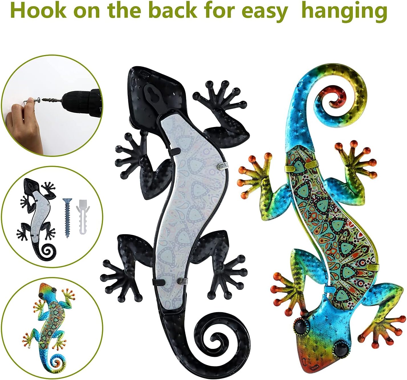 Detalle 2 de HONGLAND Metall-Gecko-Wanddekoration „Symphonie“ – Wandbild aus Metall & Glas, 2er-Set für innen & außen