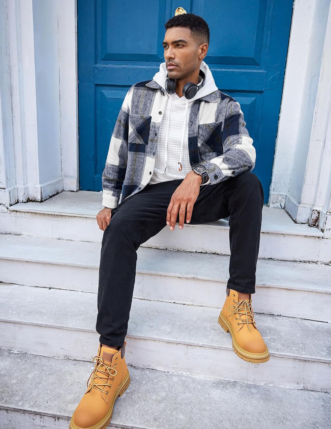 Detalle 2 de COOFANDY Men's Plaid Flannel Shirt Jacket, Long-Sleeve Fleece Shacket