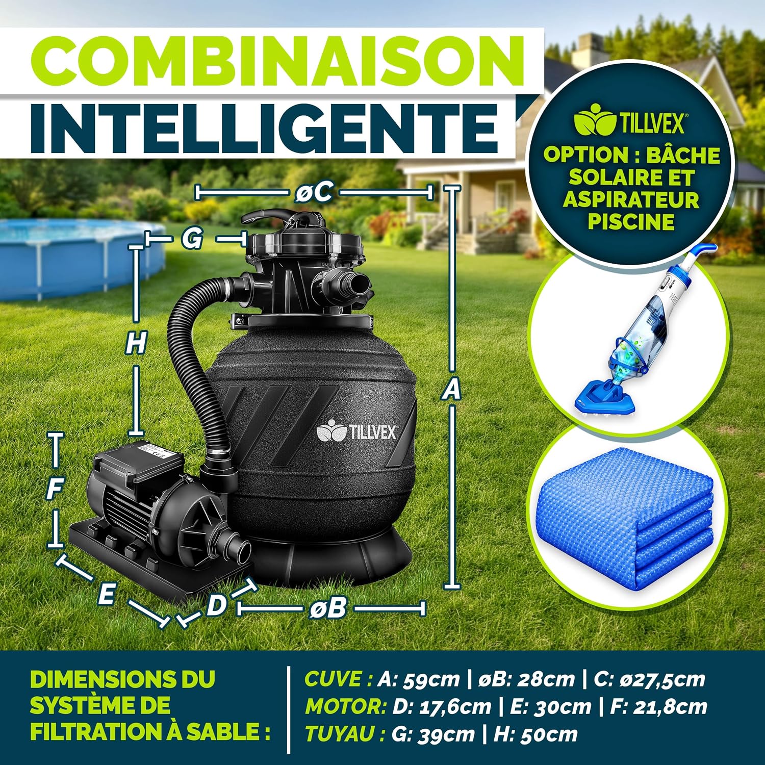 Detalle 2 de Système de filtre à sable tillvex® 7.900 L/h avec vanne 7 voies et indicateur de pression (adaptateur 2en1 Ø32-38 mm)