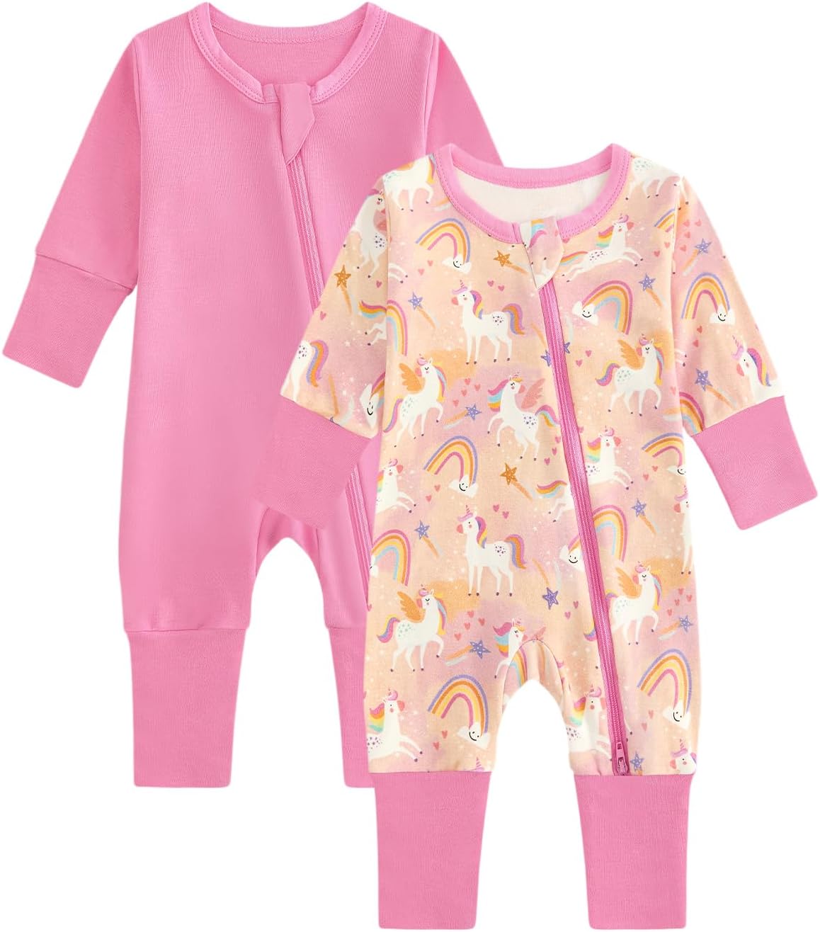 Detalle de JiAmy 2 Pack Baby Sleepsuits: Cotton, Two-Way Zip, Foldable Feet for 0–24 Months