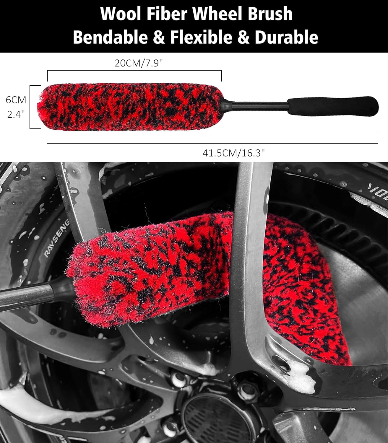 Detalle de YeewayVeh Wheel Cleaning Kit 5-Pack: Bendable Alloy Wheel Brushes & Microfiber Rim Brush (Red)