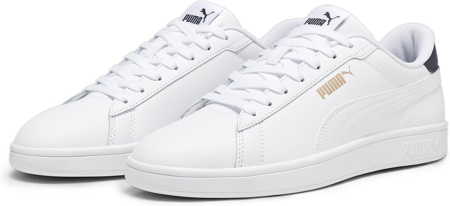 Detalle de PUMA Smash 3.0 Unisex — Baskets élégantes en cuir, blanc/bleu/or (TAILLE 43 EU)