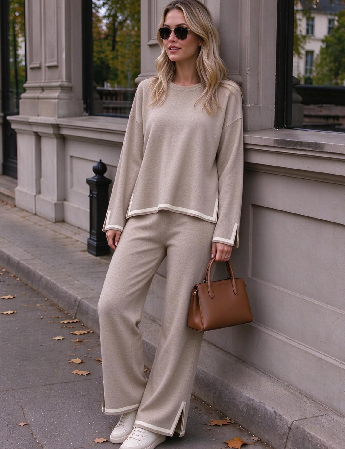 Detalle de Tanming W101112C Women's Knit Lounge Set with Long-Sleeve Top and Wide-Leg Pants