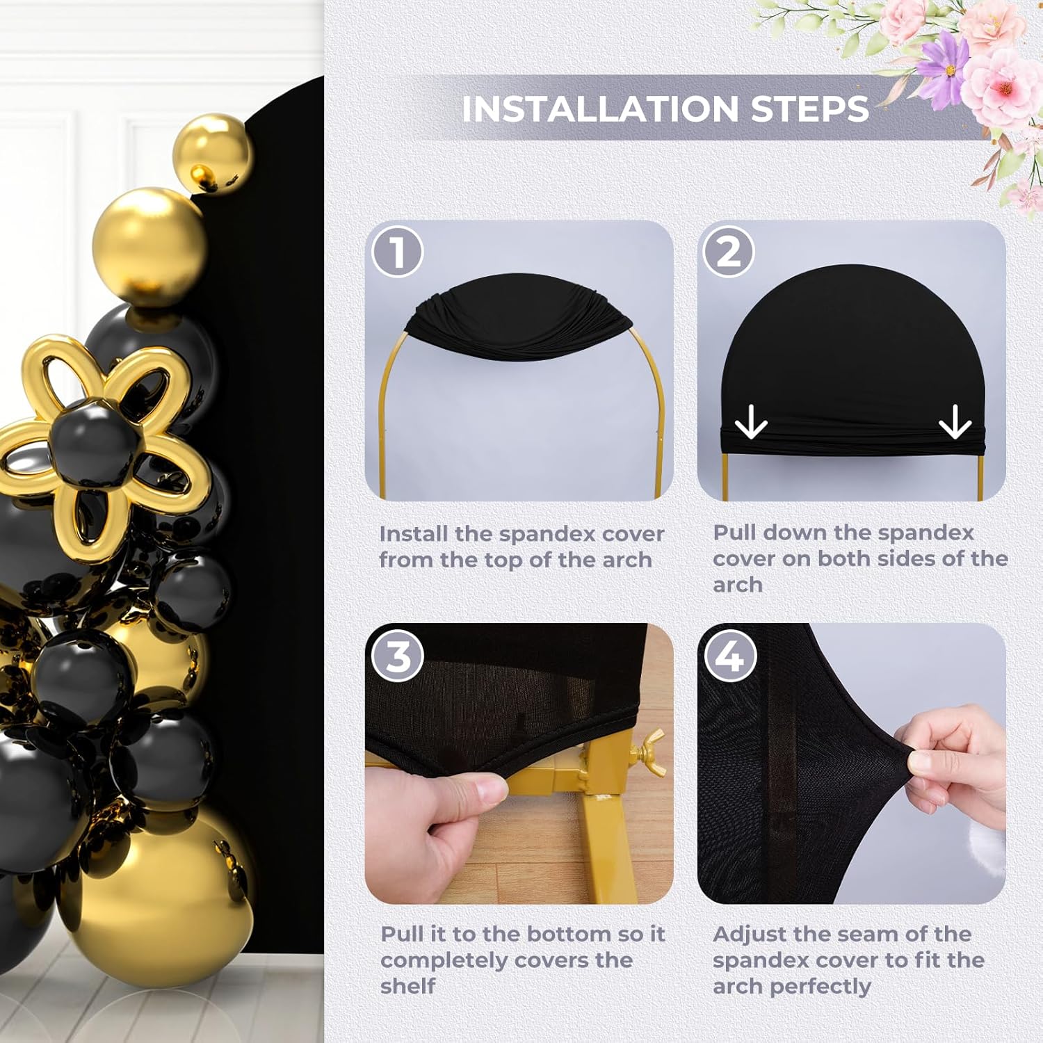 Thumbnail 5 de Babenest Black Wedding Arch Cover Set of 3 — Elastic Spandex Backdrop for 5ft/6.6ft/7.2ft Arches