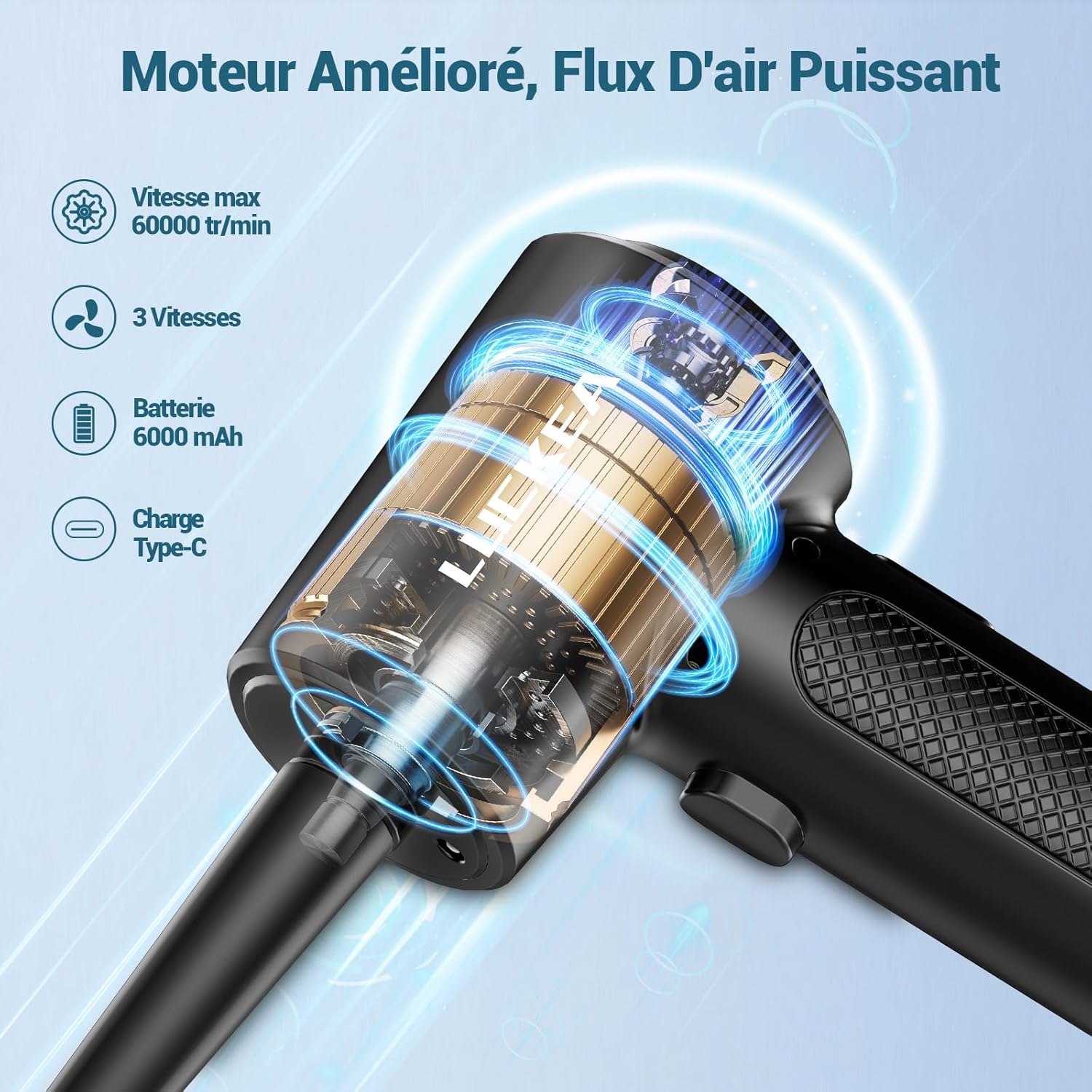Thumbnail 5 de Souffleur à air comprimé rechargeable 3 vitesses 6000 mAh avec LED – Souffleur PC (brosses antistatiques incluses)