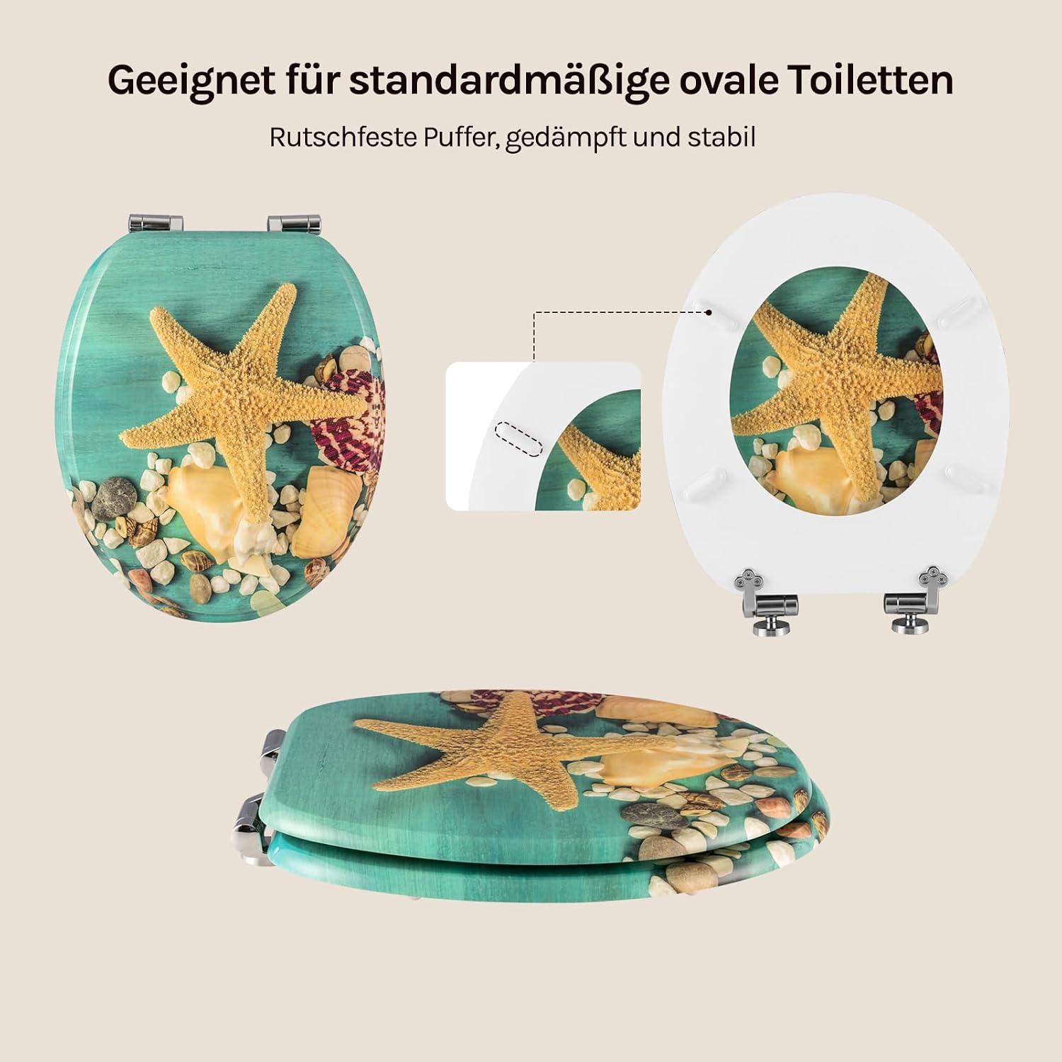 Detalle de WOLTU Premium Toilettensitz mit Absenkautomatik – O-Form, MDF-Holzkern, Soft-Close, Antibakteriell, Seestern-Design