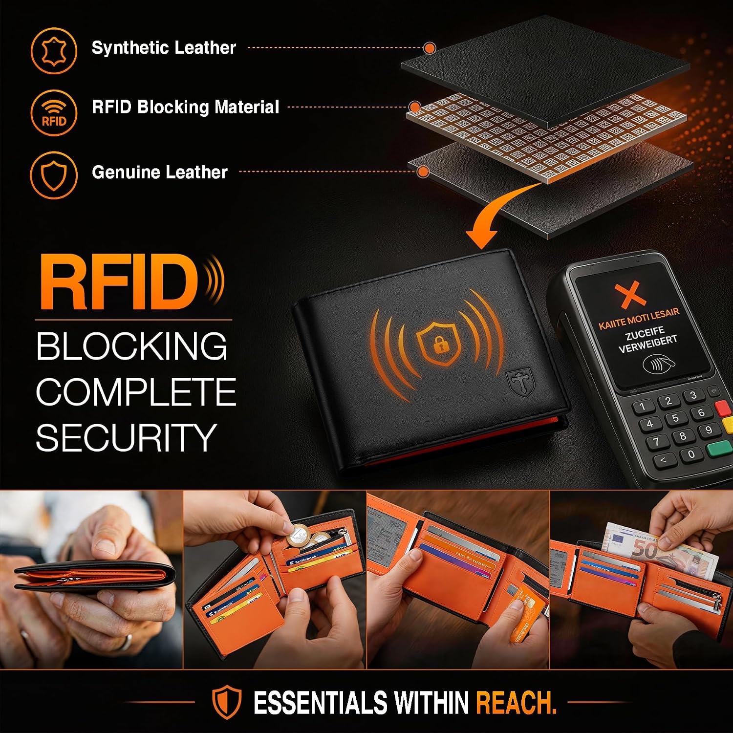 Detalle de TEEHON RFID Blocking Wallet – Slim Genuine Leather Wallet for Men UK, 11 Card Slots, 2 Note Compartments & Coin Pocket (Black & Orange)