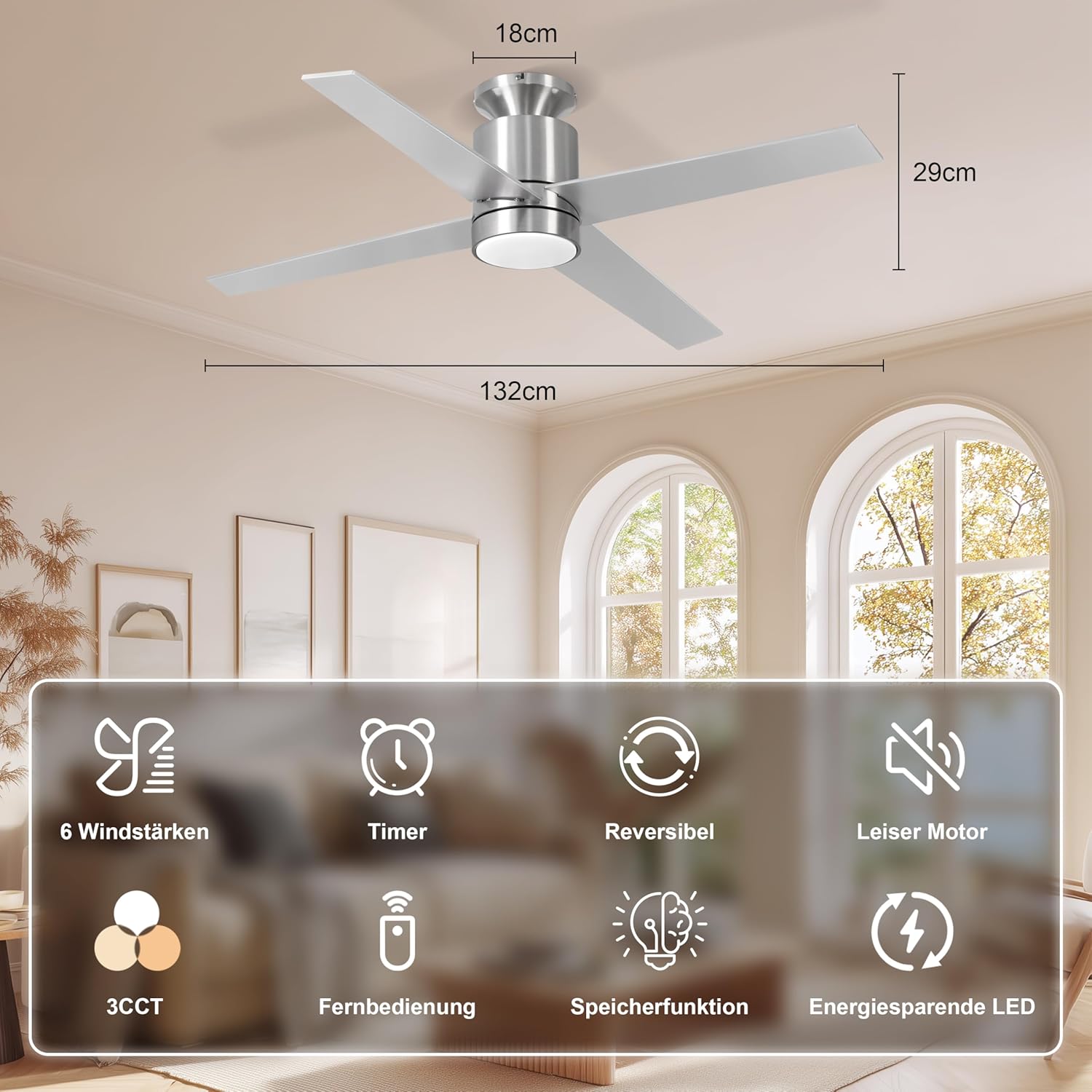 Thumbnail 5 de Ohniyou Deckenventilator mit Beleuchtung und Fernbedienung – 132 cm, 4 Flügel, 6 Geschwindigkeiten