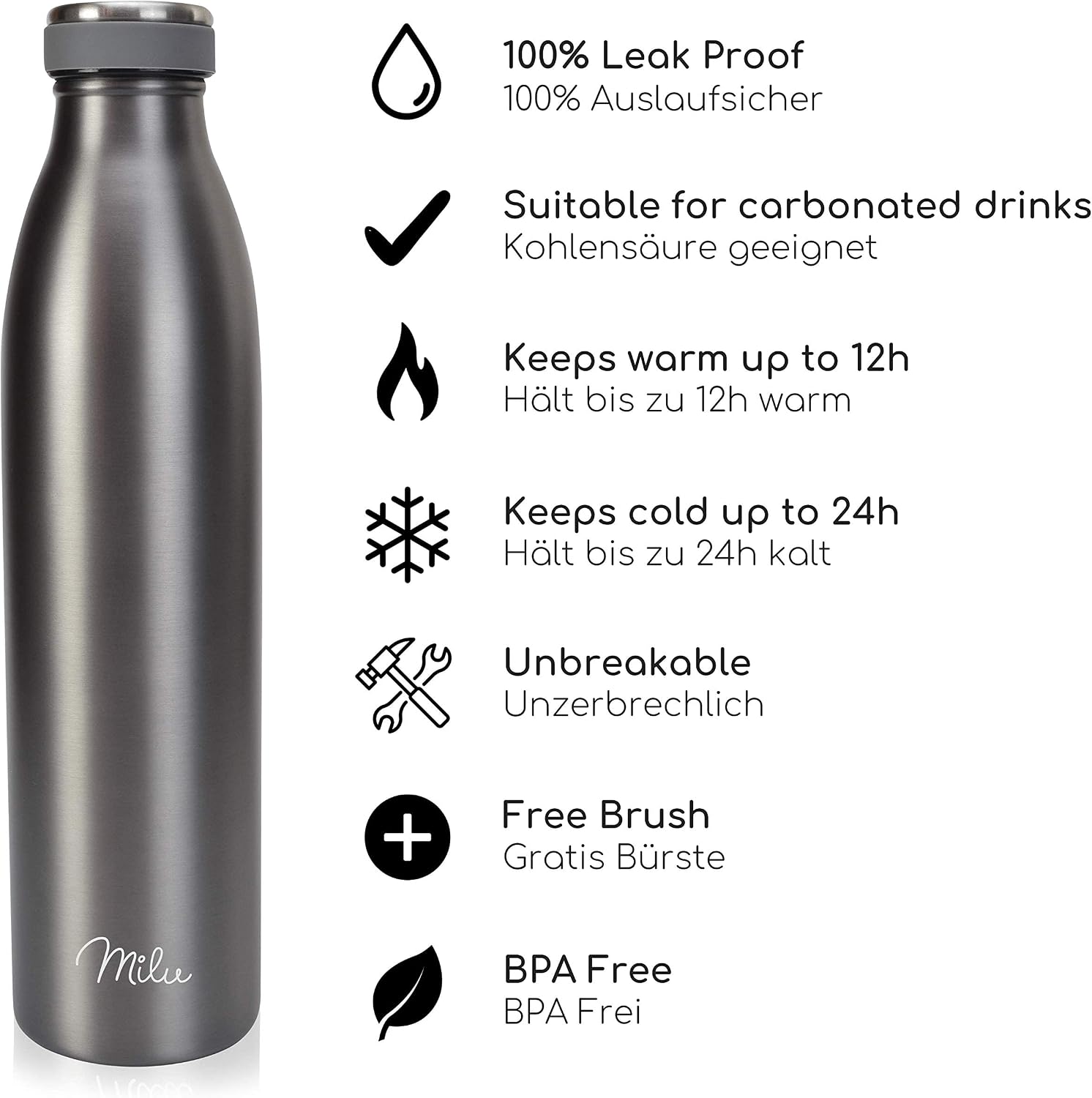 Detalle de Milu Edelstahl Trinkflasche 350 ml–1,5 l: Doppelwandige Isolierung, auslaufsicher, kohlensäuregeeignet