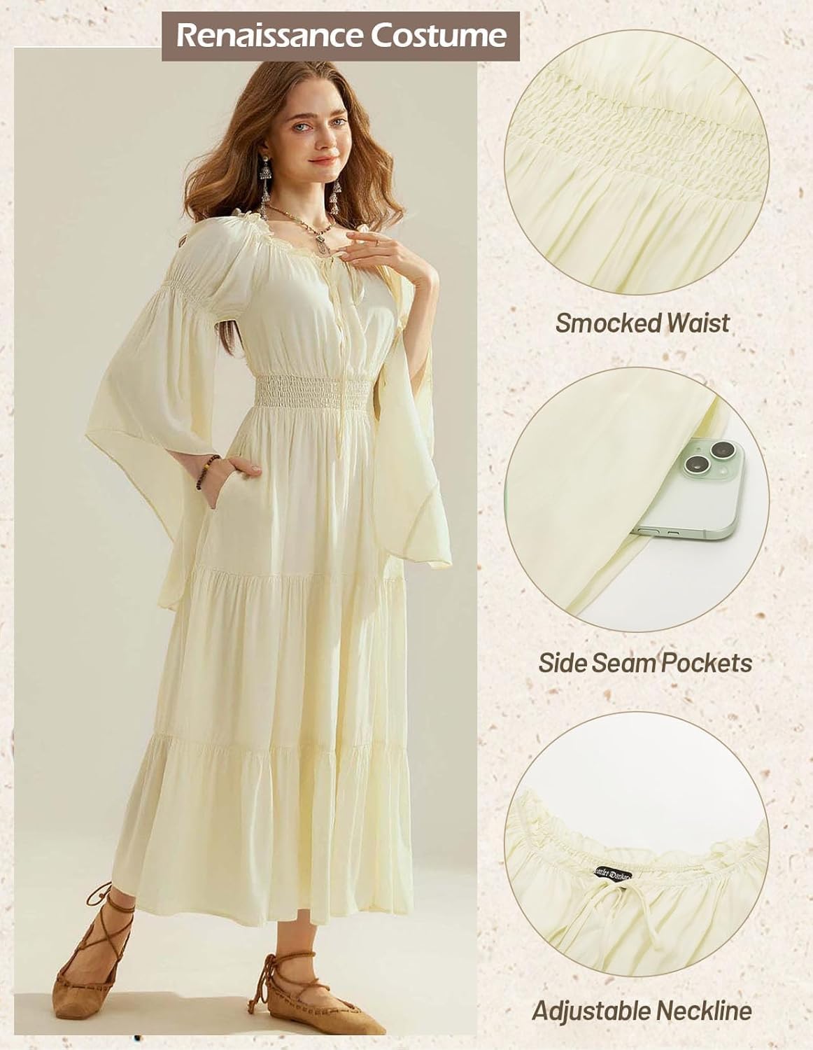 Thumbnail 3 de SCARLET DARKNESS Robe longue Renaissance pour femme à épaules dénudées, à lacets et manches cloche