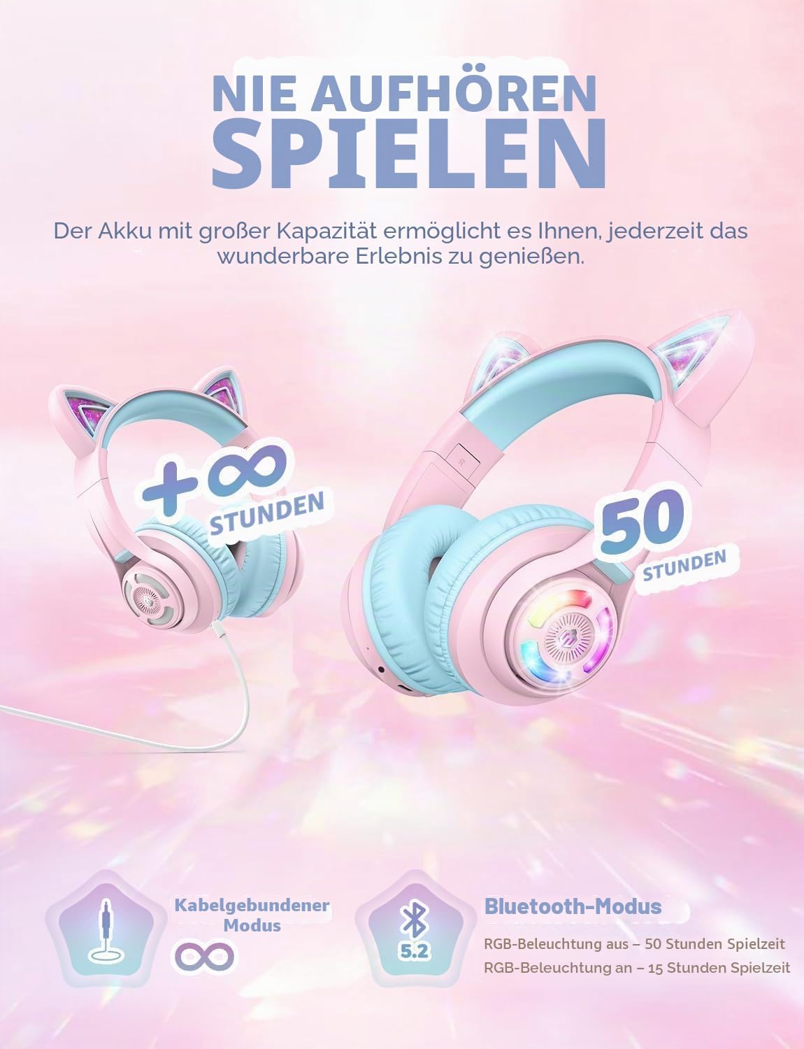 Detalle 2 de iClever Bluetooth Kopfhörer Kinder mit Katzenohr-LED, MIC und 3,5-mm-Kabel (BTH13, 50 Std. Spielzeit)