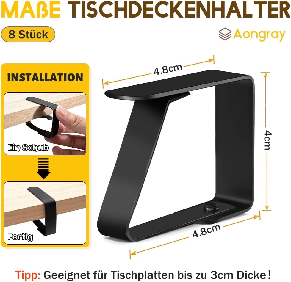 Detalle de Aongray Tischdeckenklammern Edelstahl – 8 Stück, Schwarz, Tischclips für Plattenstärke bis 3 cm