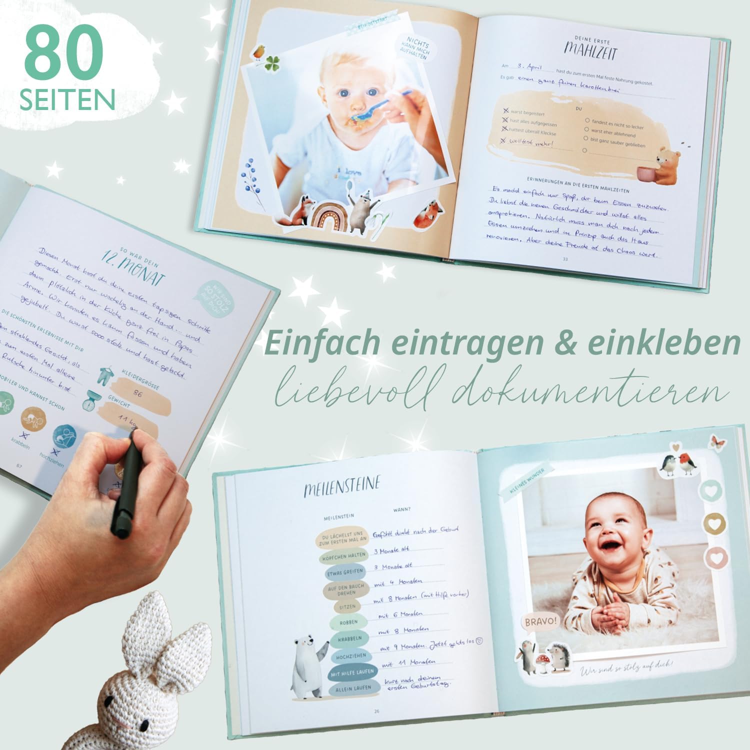 Thumbnail 6 de Mein erstes Jahr Babyalbum | Erinnerungsbuch Baby (Mint) – 80 Seiten, Goldprägung, 21 × 21 cm