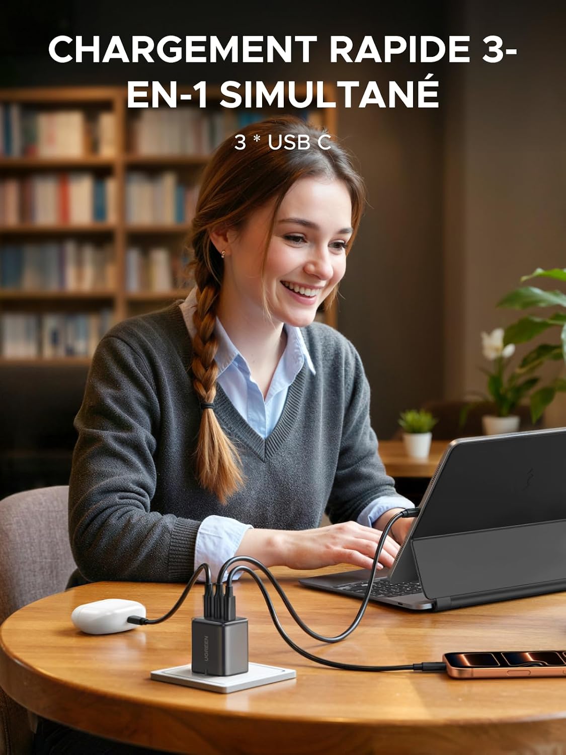 Detalle de UGREEN Zapix Chargeur USB C 30W 3 ports 🔌