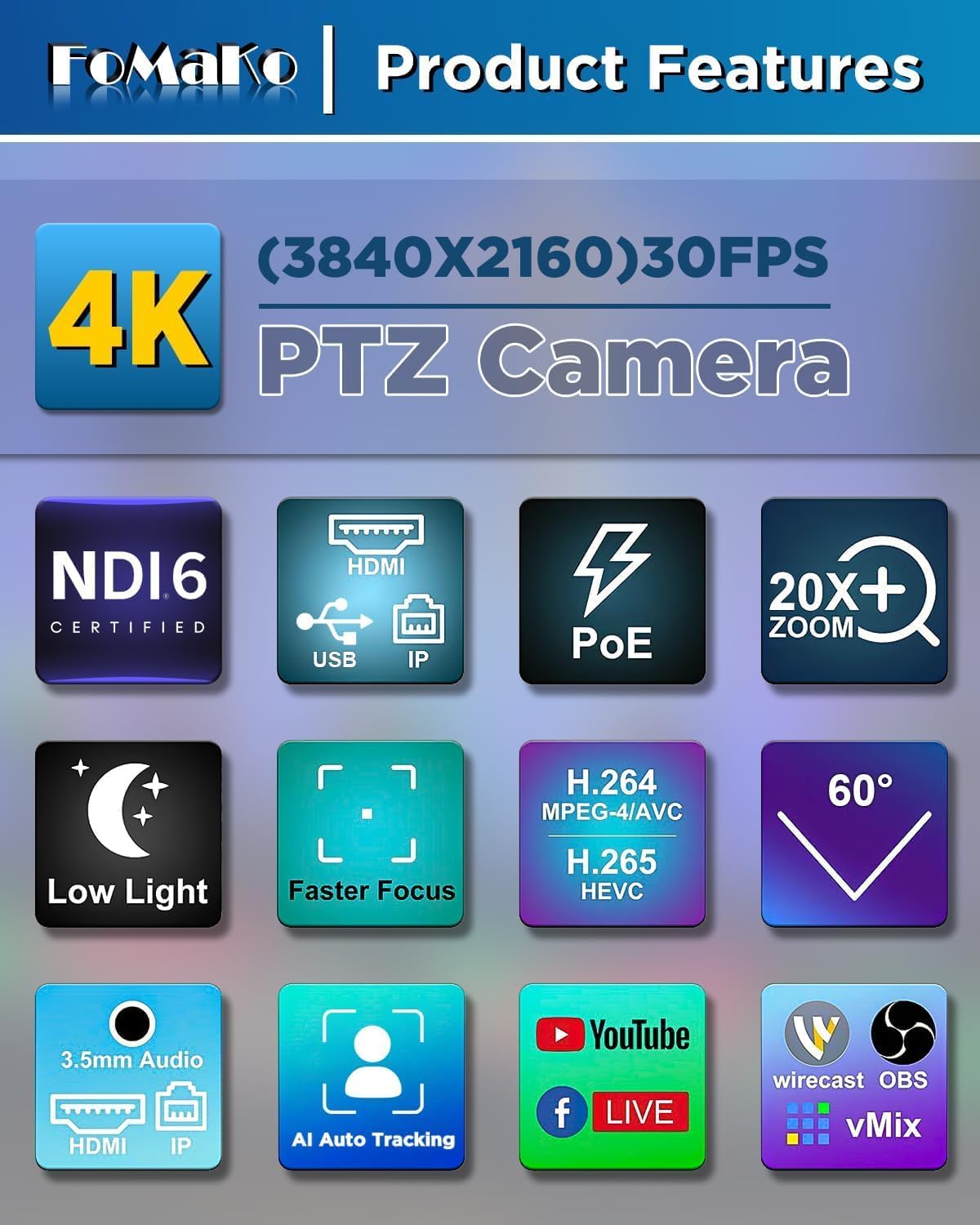 Detalle de FoMaKo 4K PTZ Kamera mit NDI HX3 – 20x optischer Zoom, KI-Tracking und Live-Streaming