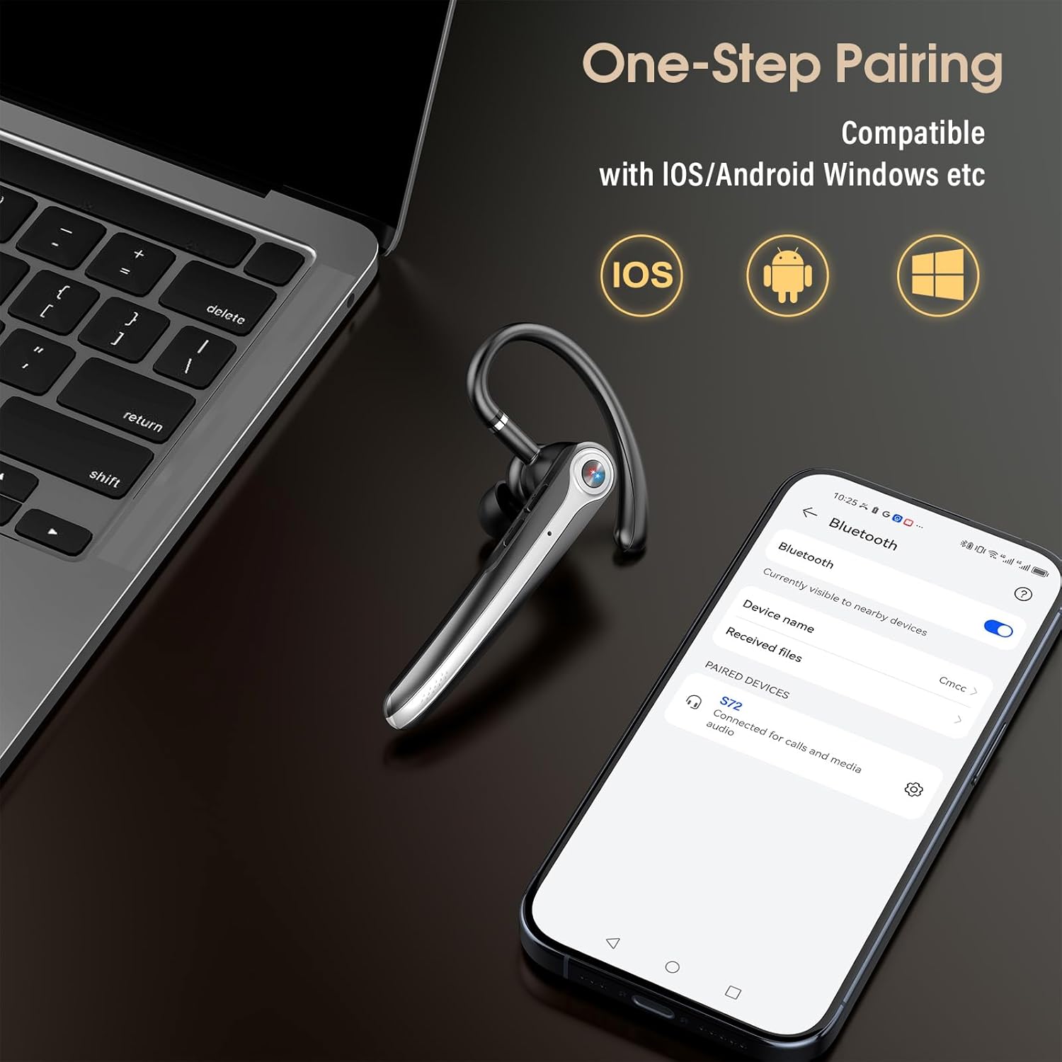 Thumbnail 5 de Bluetooth Headset (S72) Wireless Single-Ear Earpiece with ENC Mic, 120H Battery, IPX7, V5.4 – Bright Black
