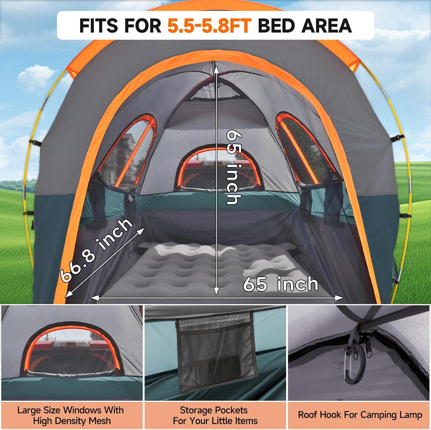 Detalle 2 de Umbrauto Truck Bed Tent with Awning (5.5–5.8FT) — PU3000mm Waterproof Tailgate Pickup Tent for 2-Person Camping