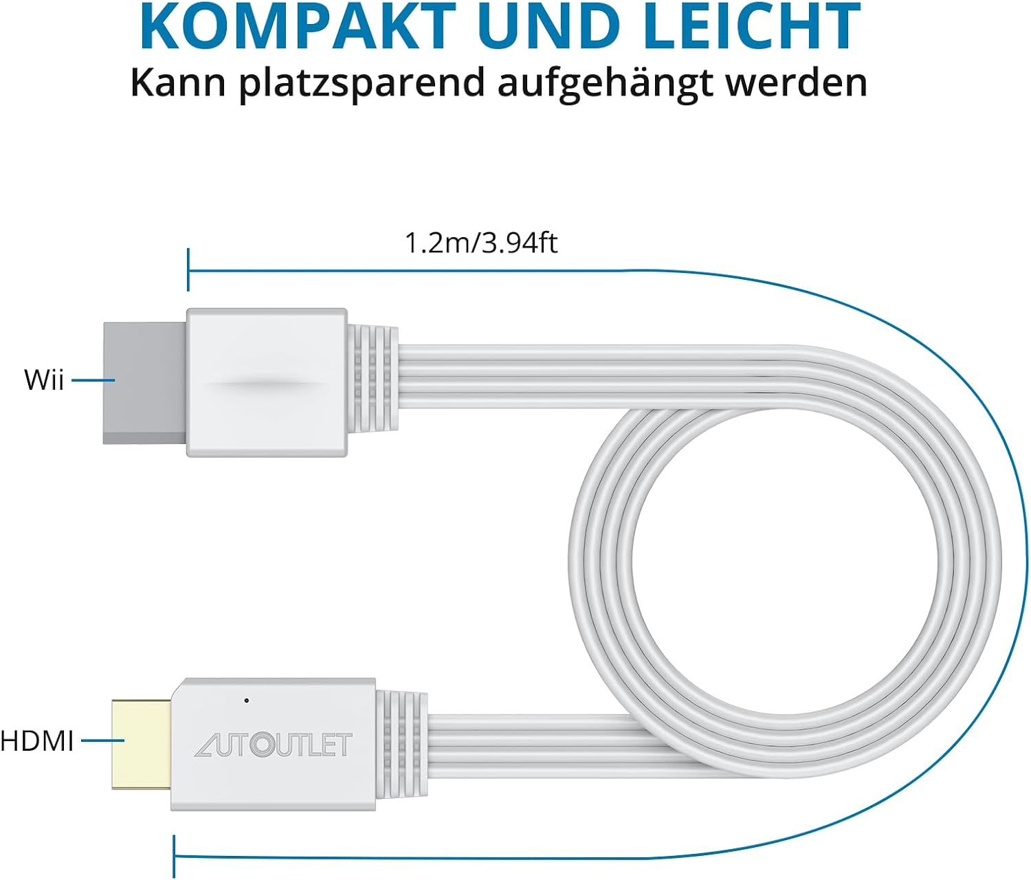 Detalle de AUTOUTLET Wii HDMI Adapter – Plug and Play Konverter für 720p/1080p mit integriertem 120 cm Kabel