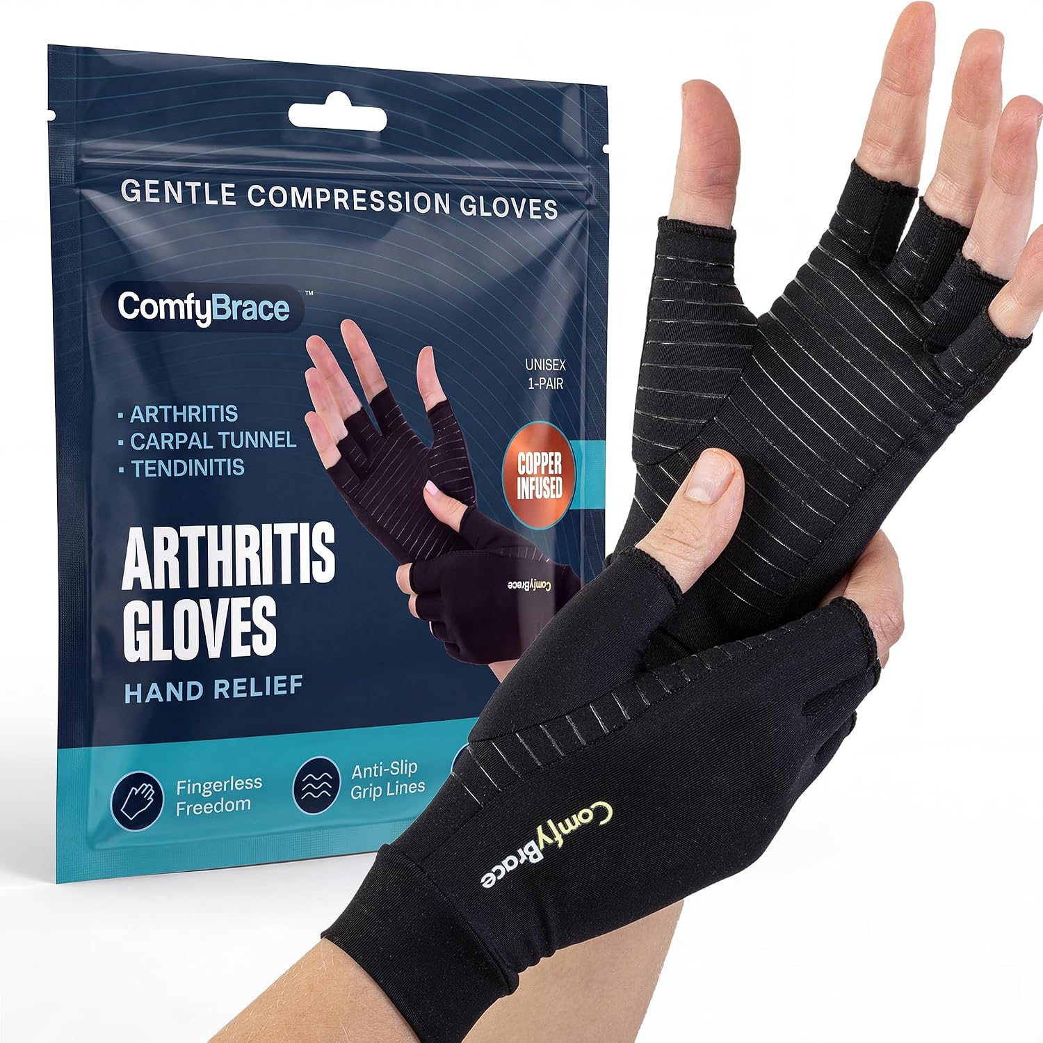 Detalle de ComfyBrace 1 Copper Arthritis Compression Gloves, Fingerless Nylon-Spandex