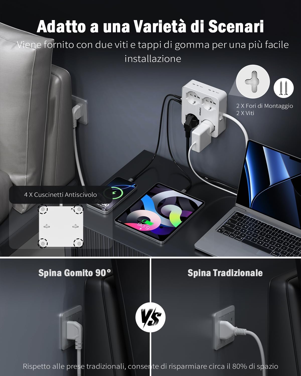 Thumbnail 3 de TOPREK Ciabatta Multipresa Elettrica 12-in-1: 8 prese universali con USB-C PD 20W, prolunga 2 m e design angolare