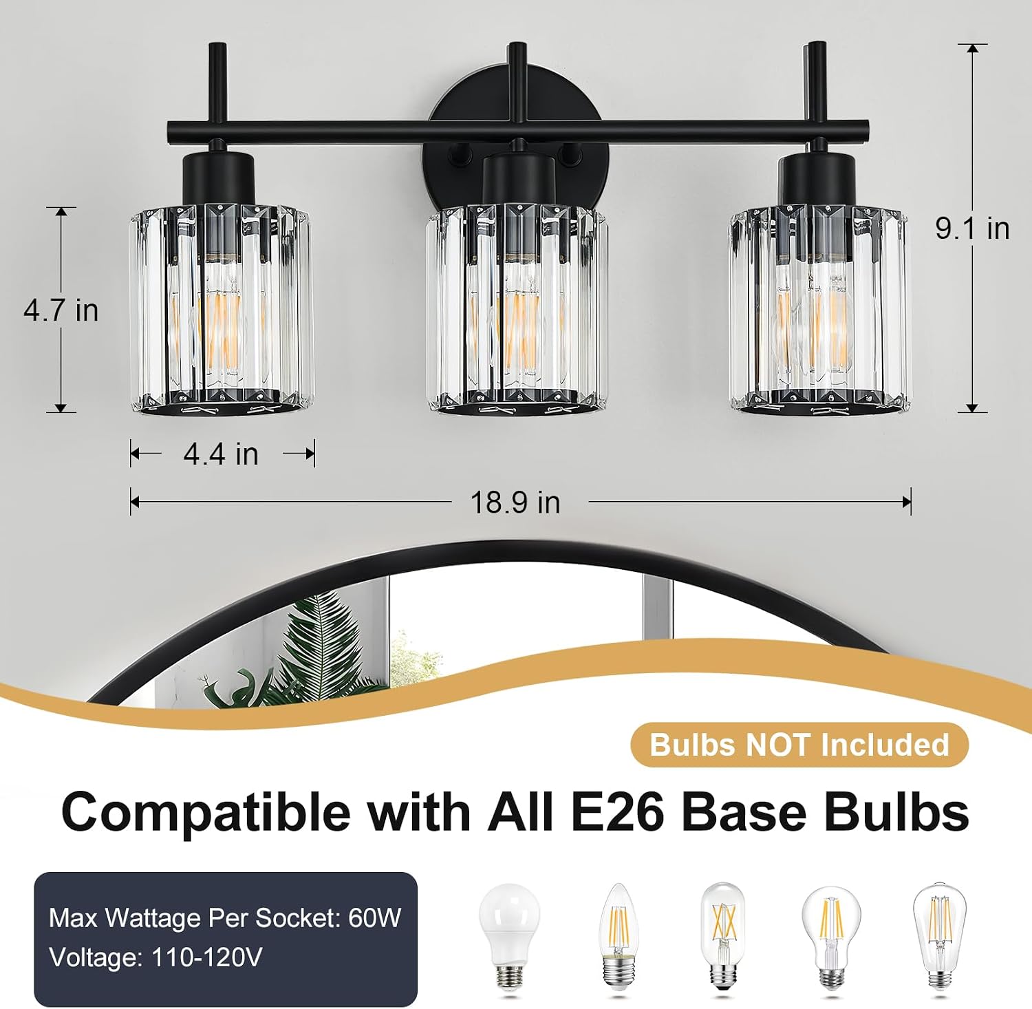 Thumbnail 4 de Dvnctz DC20260410AA 3-Light Crystal Vanity Light, Black Round Fixture