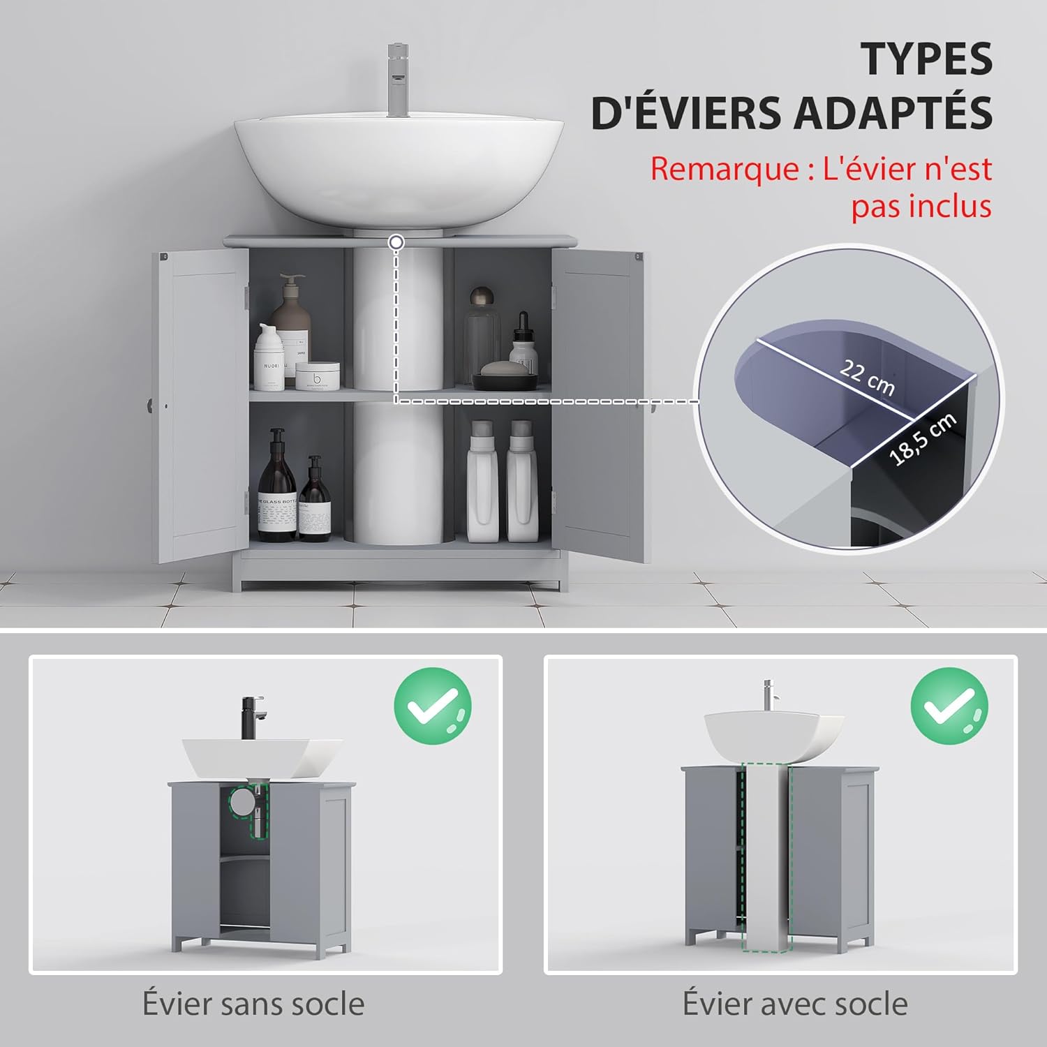 Detalle 2 de Kleankin meuble salle de bain sous lavabo gris avec double porte et étagère