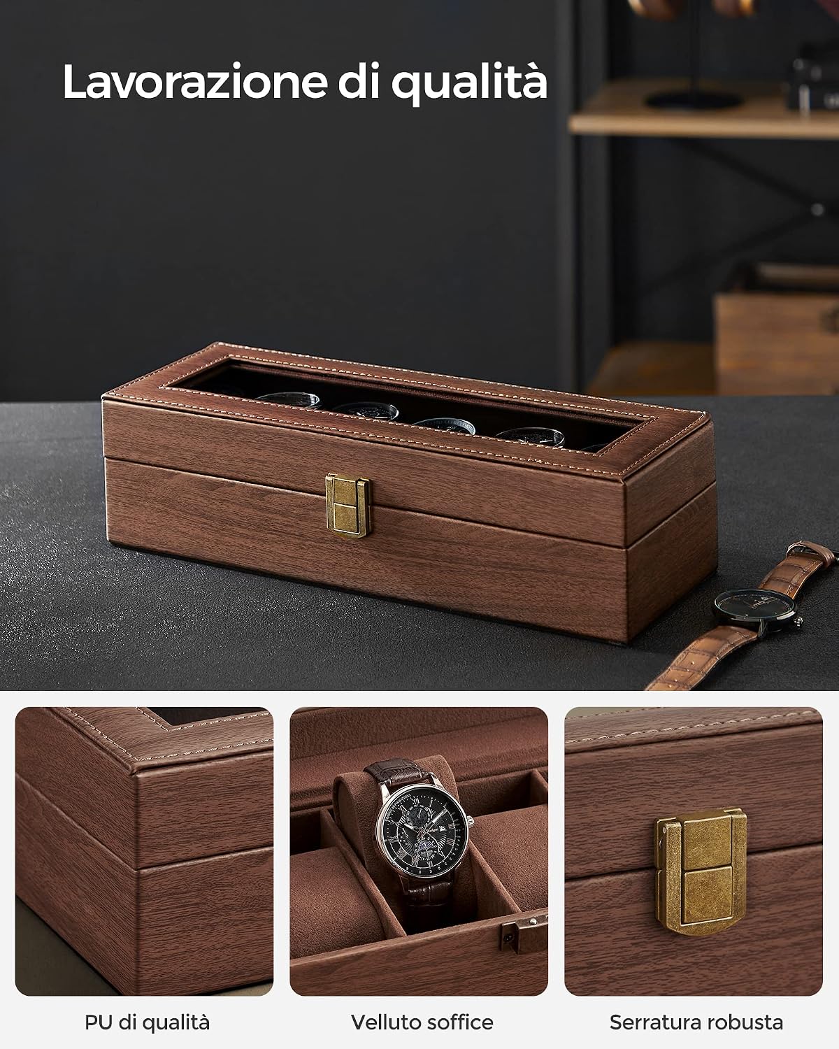 Detalle de SONGMICS Porta Orologi a 6 Posti JWB006K01 – Scatola Portaorologi in PU Marrone con Coperchio in Vetro