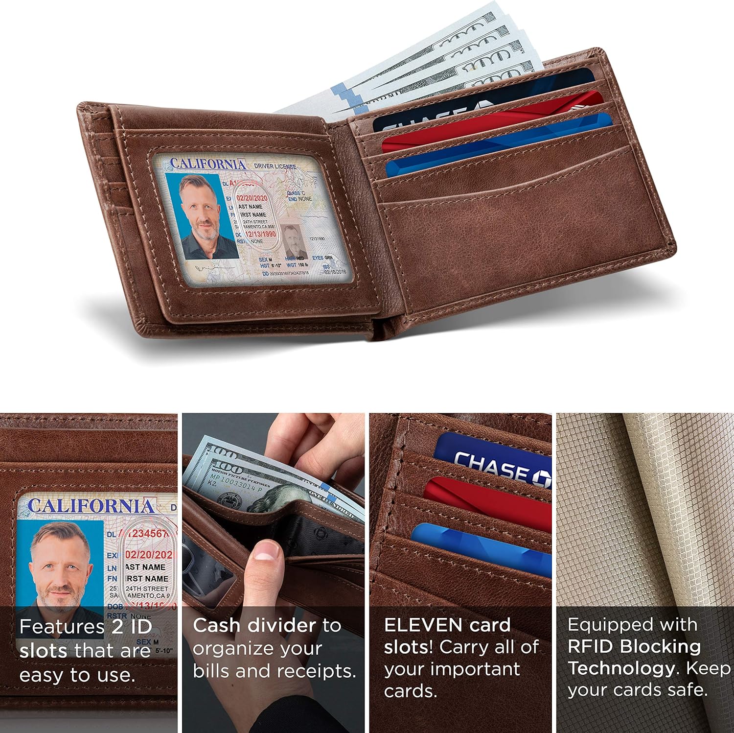 Detalle 2 de SERMAN BRANDS Men's Bifold Wallet, Full-Grain Leather