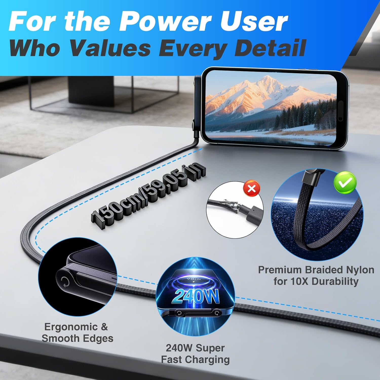 Detalle de USB-C cable charger with stand 1.5m 240W
