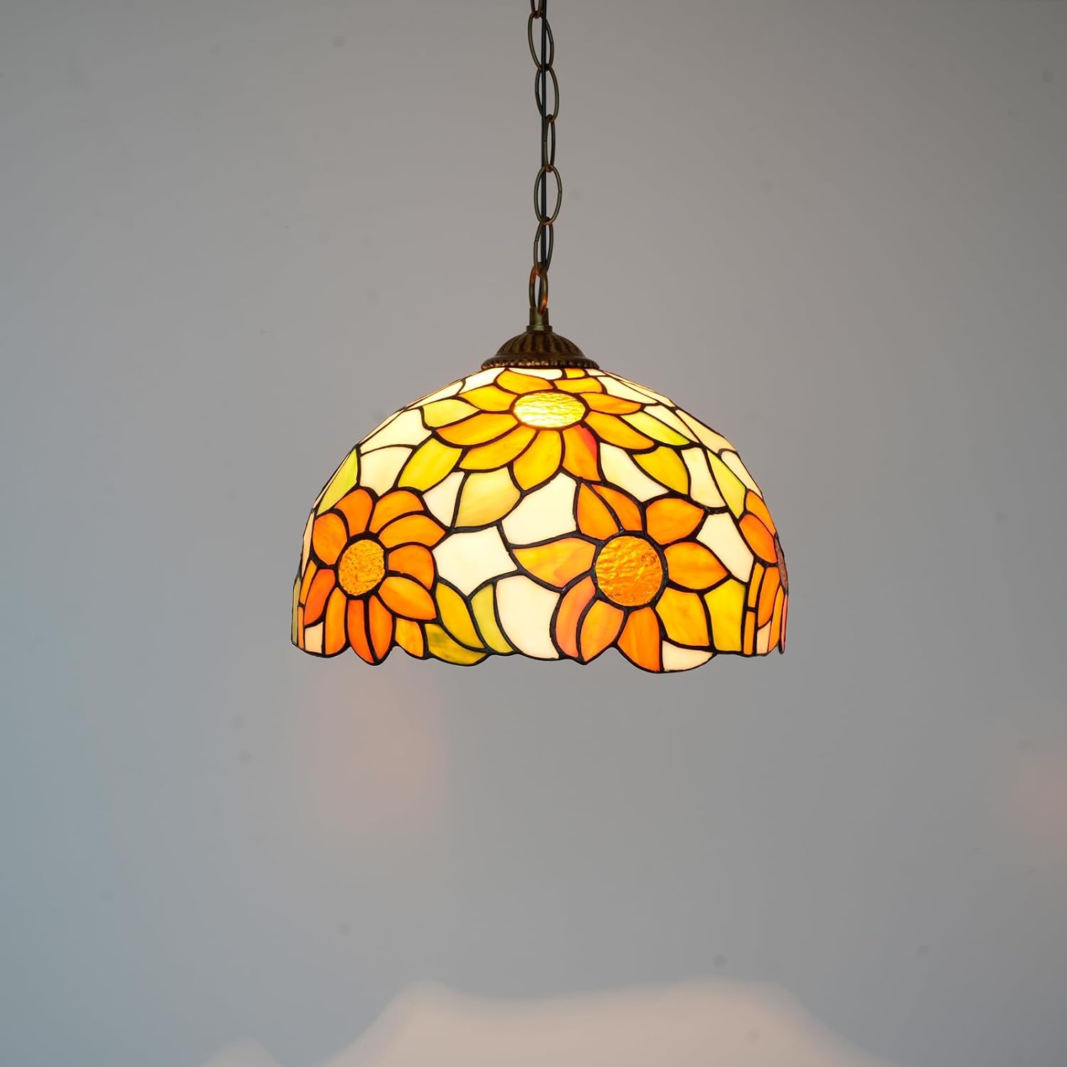 Detalle de Tiffany Pendelleuchte 12 Zoll Gelbe Sonnenblume – Vintage Buntglas Pendellampe