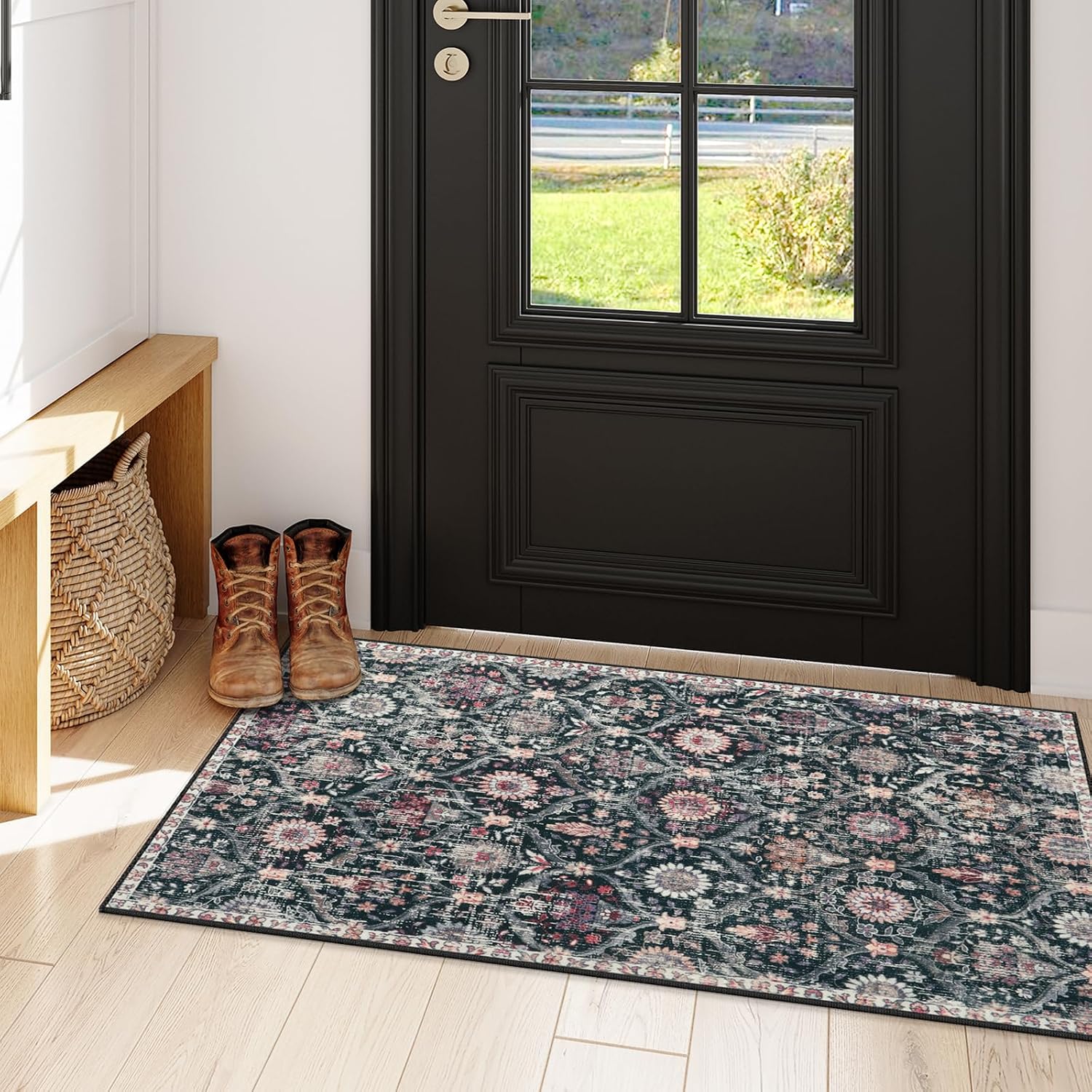 Detalle de Lahome Elise 2x4 Non-Slip, Washable Moroccan Trellis Rug (Black/Multi) for Entryway and More