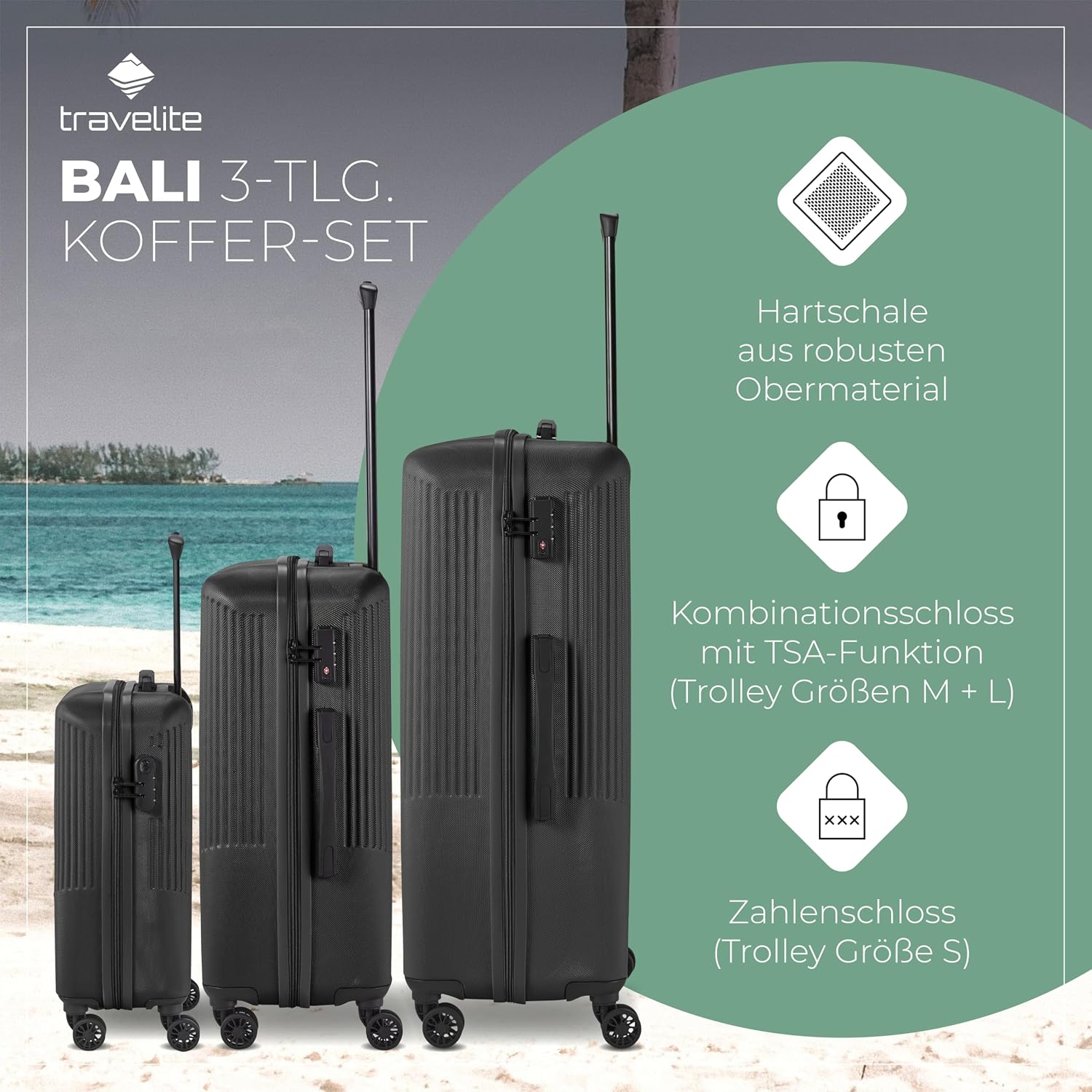 Detalle de Travelite 4-Rad Koffer Set 3-teilig Bali: Hartschale, TSA/Combination Lock, ABS