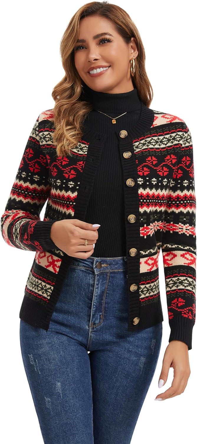 Detalle de Enjyam Damen Strickjacke Elegant Langarm Rundhals Cardigan – Norweger Muster, Weiche Viskosemischung