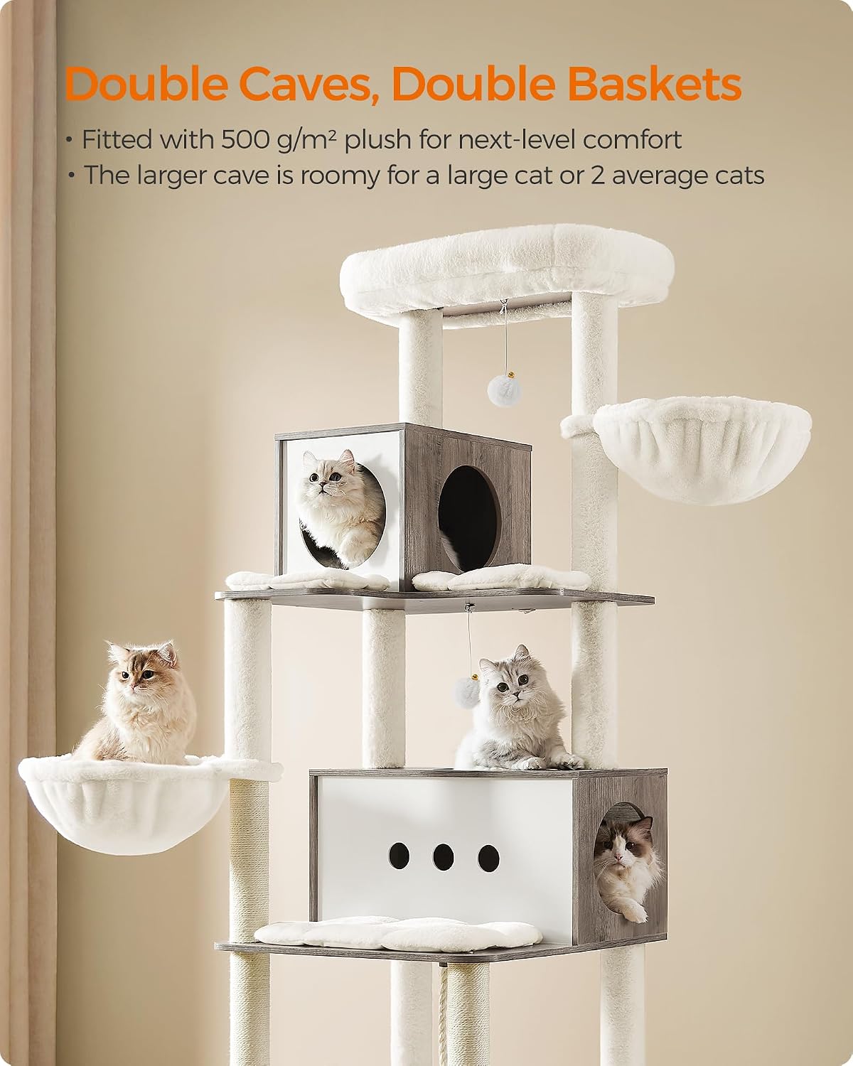 Detalle 2 de Feandrea PCT193G01 XXL Cat Tree with Two Caves, Sisal Posts and Tunnel