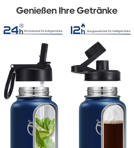 Detalle de HydroPal 750ml Edelstahl Isolierflasche – Doppelwandig, mit Strohhalm und zwei Deckeln