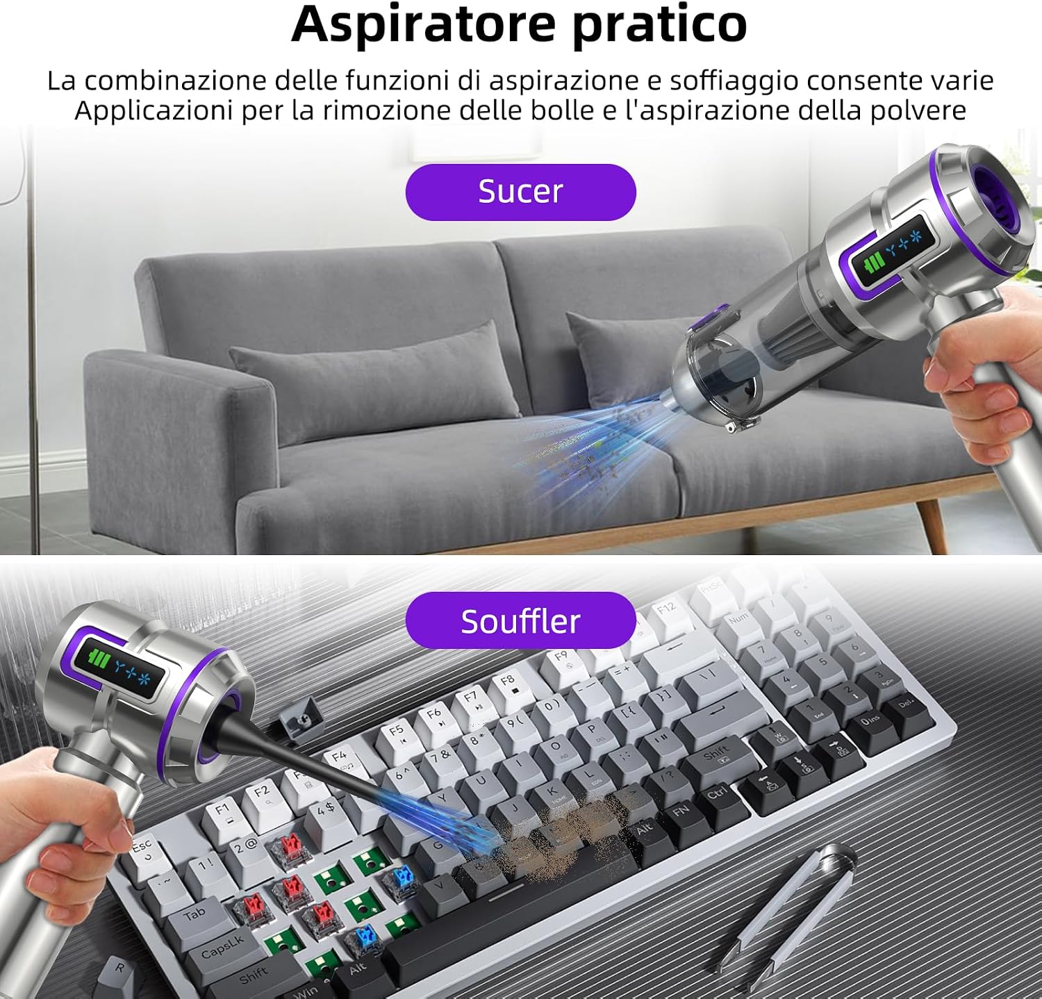 Detalle de Aspirabriciole Senza Fili 25000Pa 4-in-1 con schermo, one-touch dust dump e motor brushless Argento