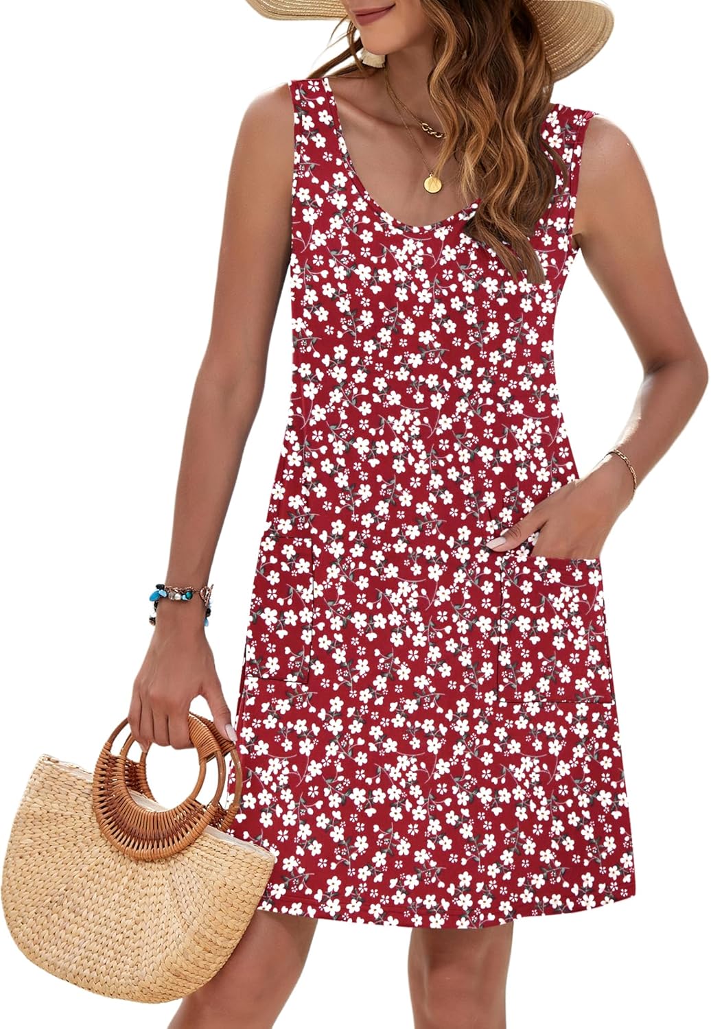 Detalle de MOLEARNI Robes d'été sans manches à col en V pour femmes – robe t-shirt décontractée, plage