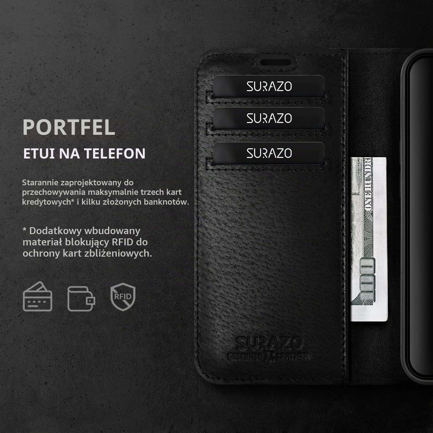 Detalle 2 de SURAZO etui do Samsung Galaxy A54 5G ze skóry nubukowej, RFID i stojakiem