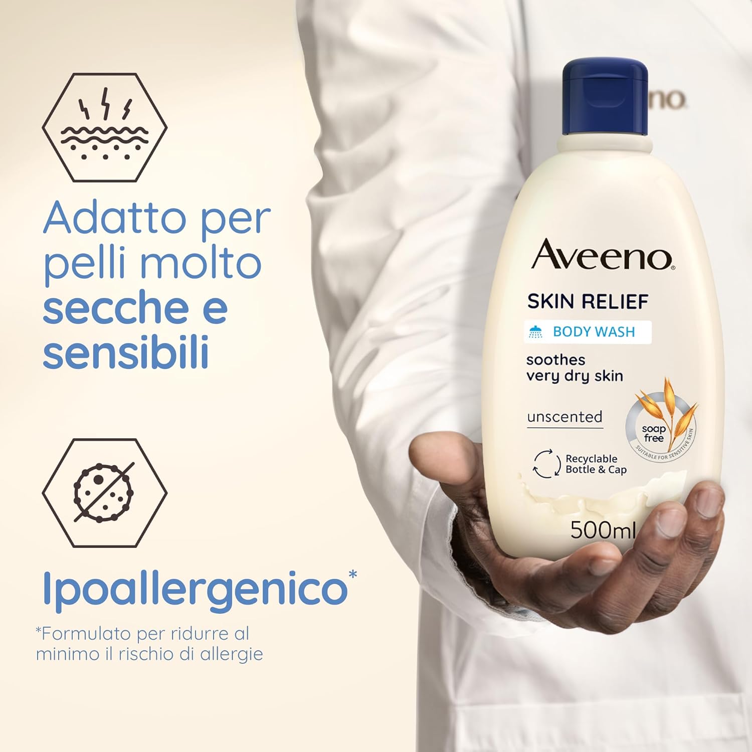 Detalle de Aveeno Skin Relief Bagno Doccia: Bagnoschiuma lenitivo senza sapone per pelli molto secche e sensibili, 500 ml