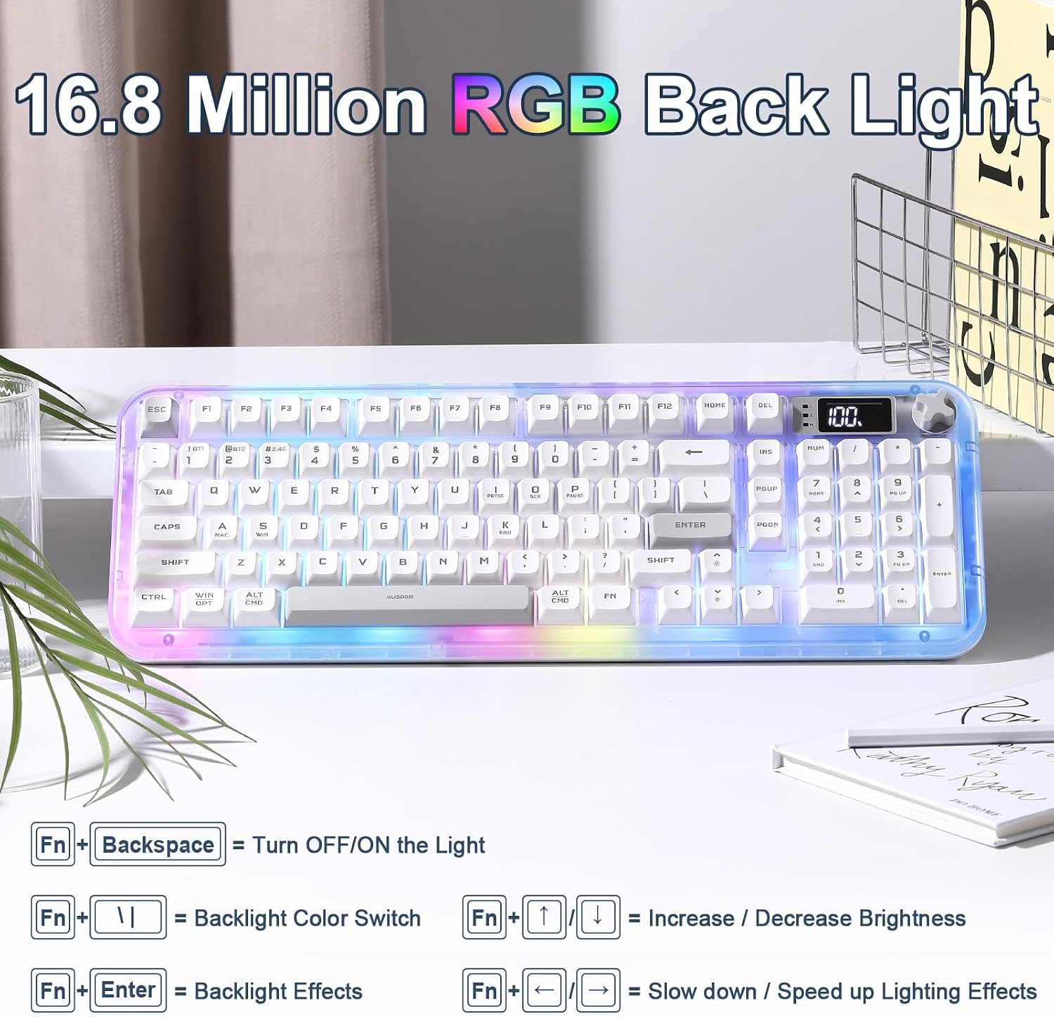 Thumbnail 6 de MIKIBY K98 Pro Wireless Membrane Gaming Keyboard, 98-Key RGB, White